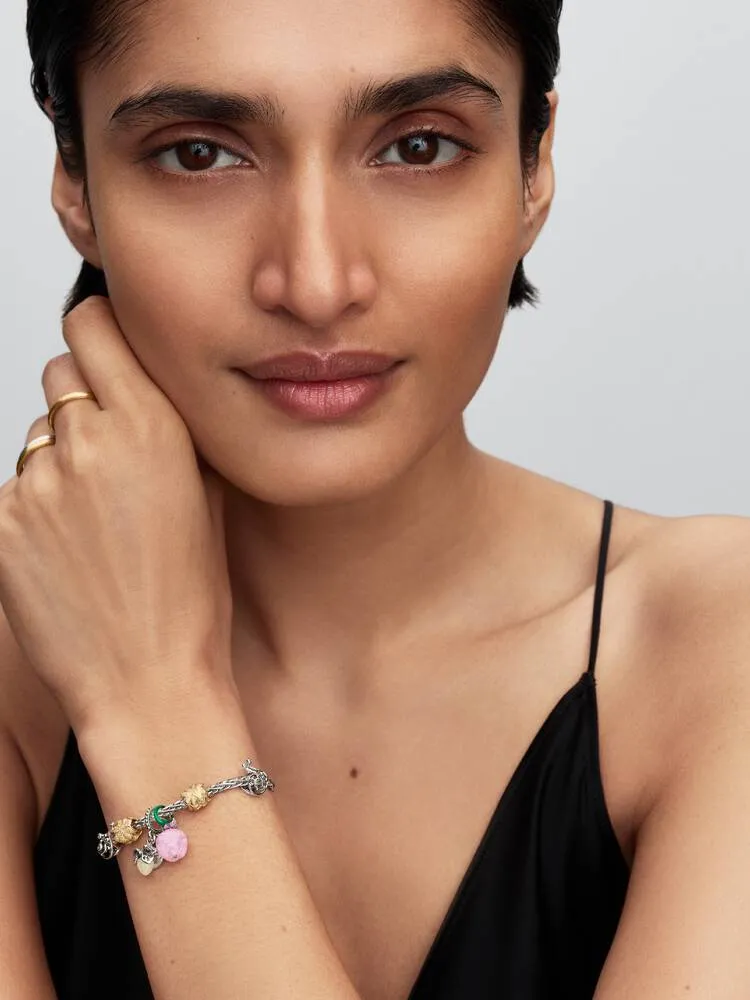 Apple sterling silver dangle with clear cubic zirconia, pink Murano glass, green and pink enamel / 794485C01