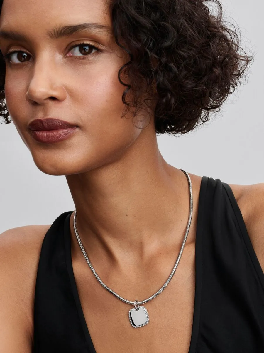 Engravable square sterling silver pendant with clear cubic zirconia / 394009C01