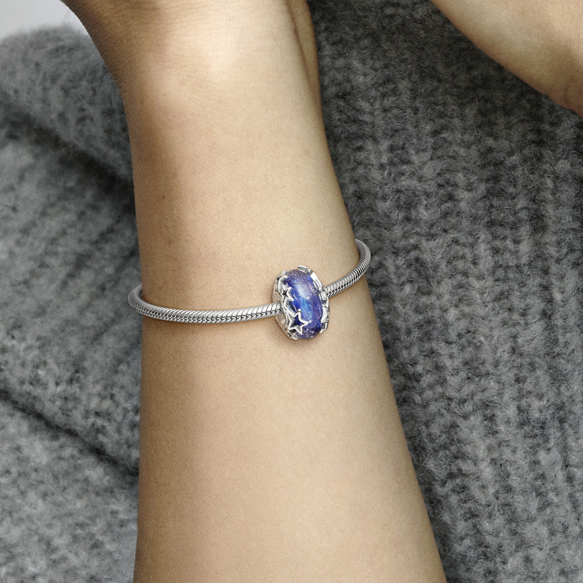 Sterling silver charm with galaxy glittery blue Mu