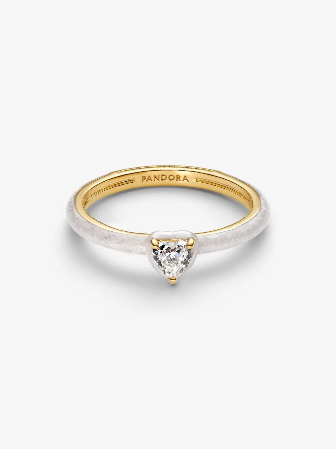 Heart 14k gold-plated ring with clear cubic zirconia and shimmering white enamel / 163088C01-50