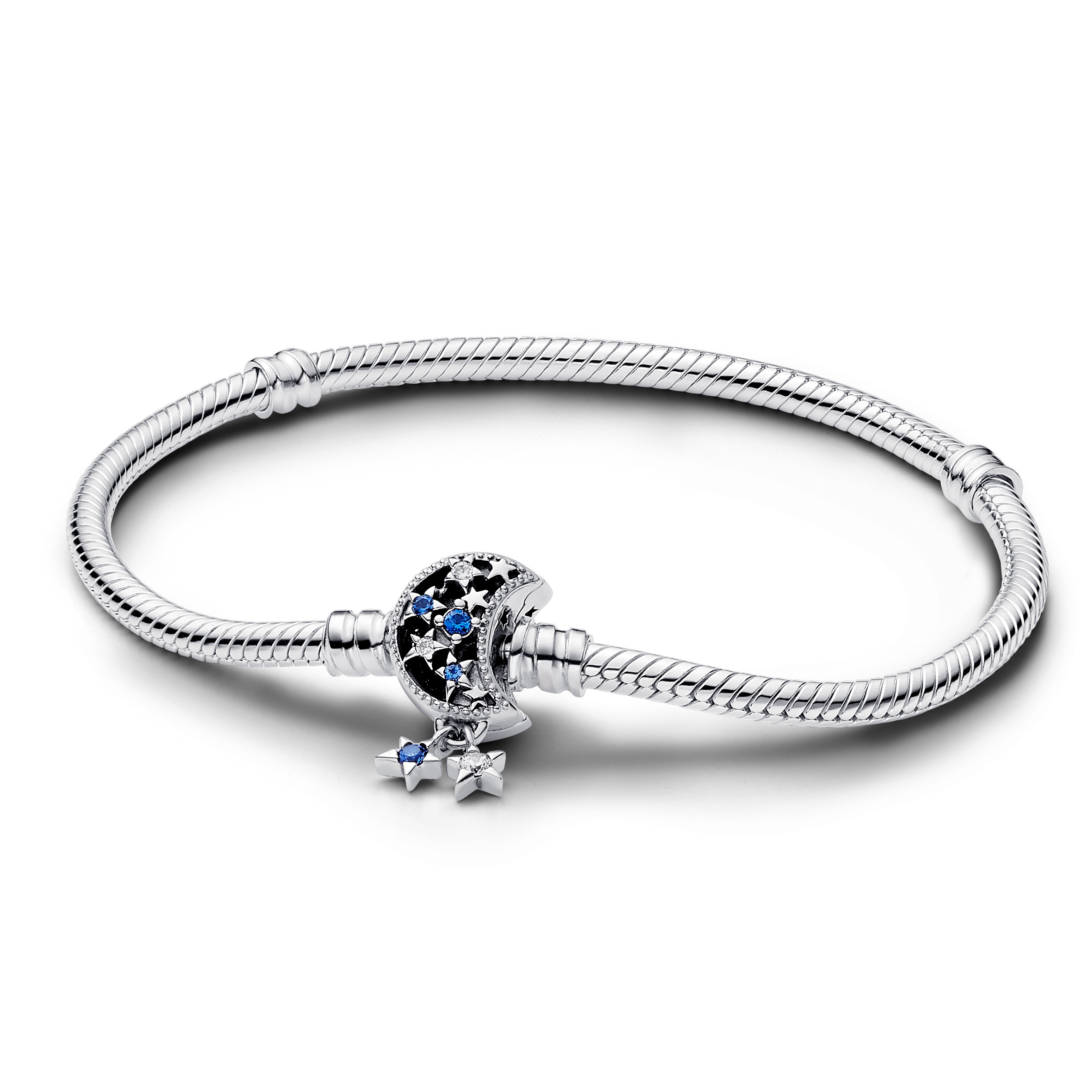 Snake chain sterling silver bracelet with moon clasp with stellar blue crystal and clear cubic zirco