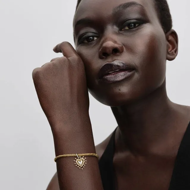 Faceted snake chain 14k gold-plated bracelet with engravable heart clasp/564236C00-19