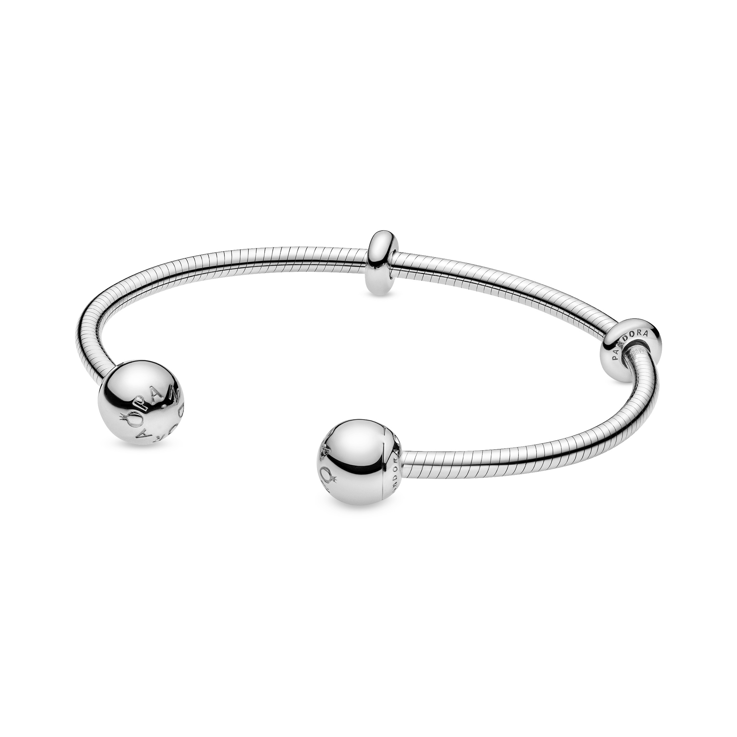 Silver open bangle with silicone stoppers and interchangeable end caps/ 596477-2