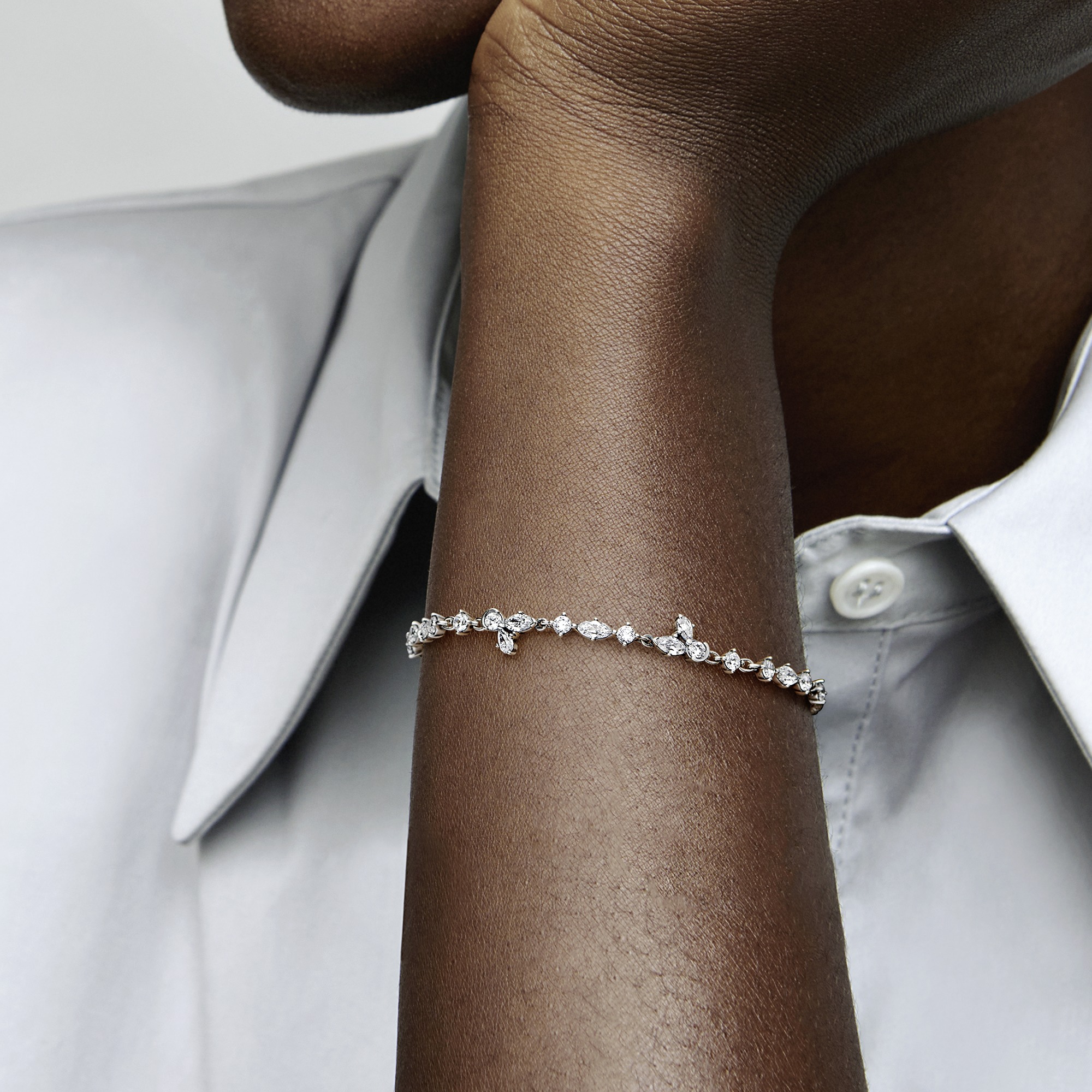 Herbarium cluster sterling silver bracelet with clear cubic zirconia