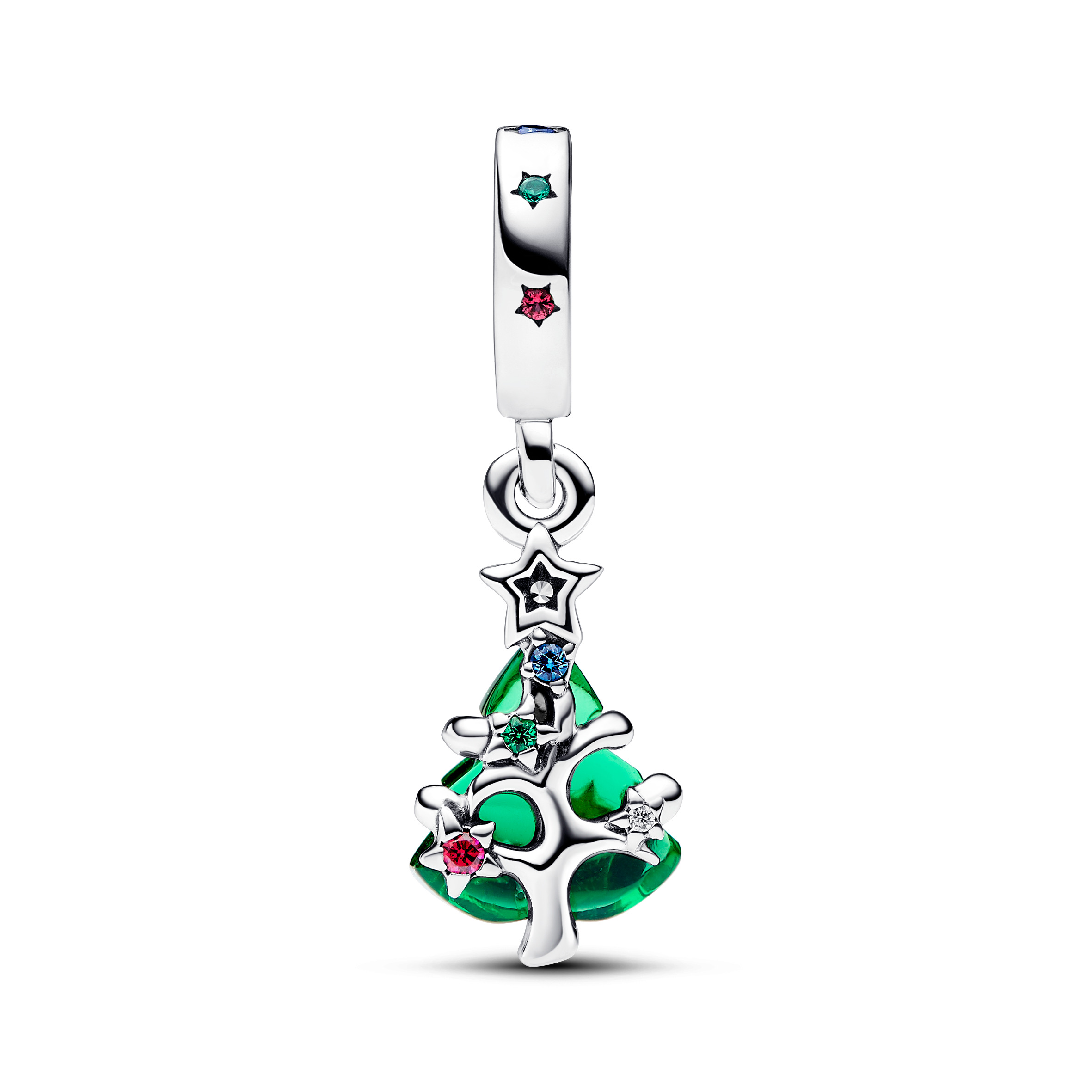 Christmas tree sterling silver dangle with clear, red cubic zirconia, stellar blue, royal green crys
