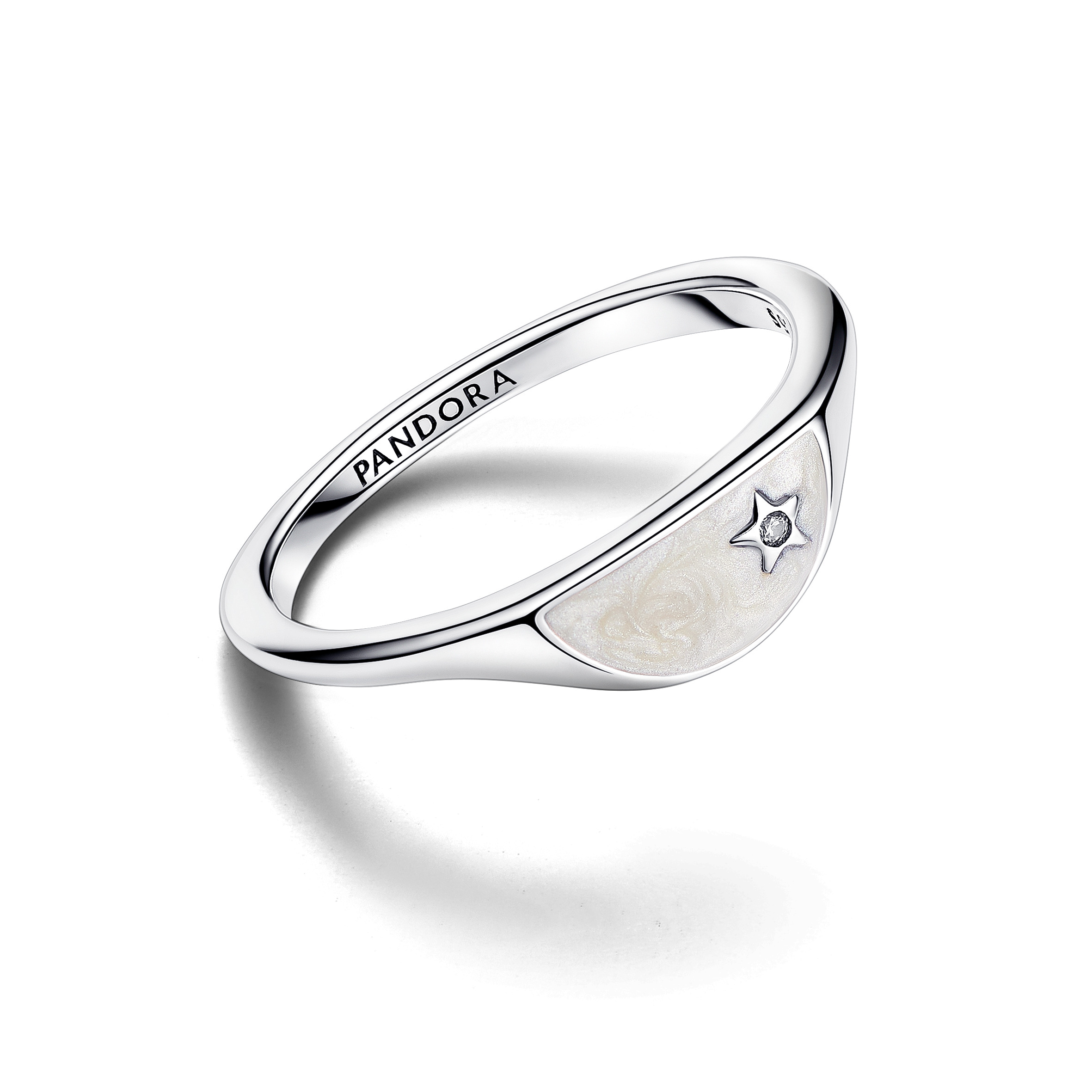 Halved signet sterling silver ring with clear cubic zirconia and shimmering white enamel