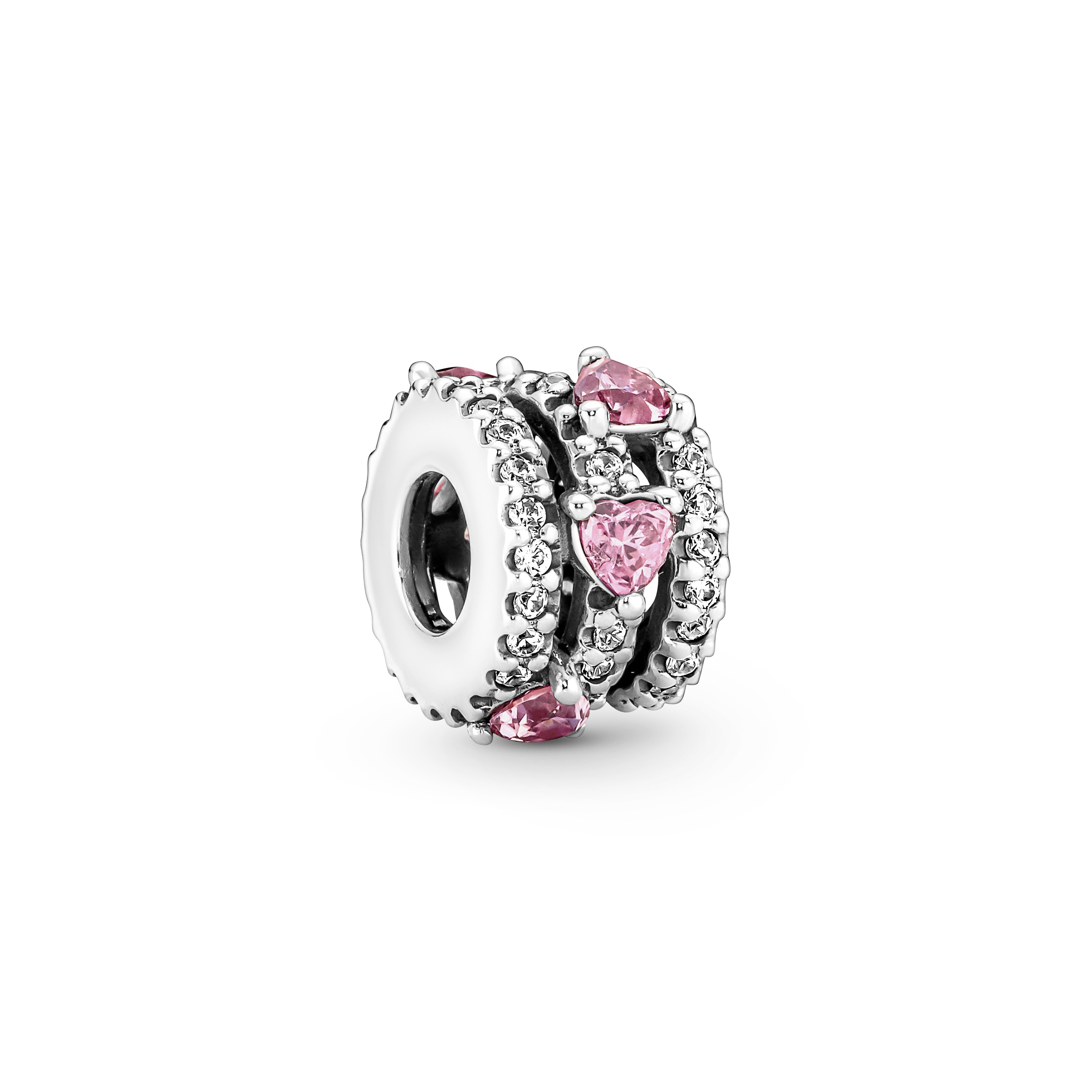 Hearts sterling silver charm with clear and fancy pink cubic zirconia