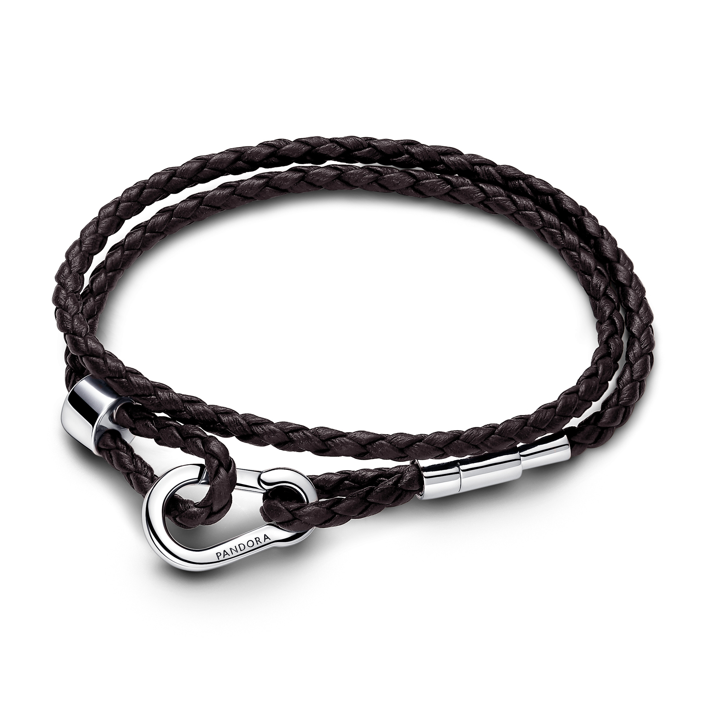 Brown braided double leather bracelet with sterling silver clasp