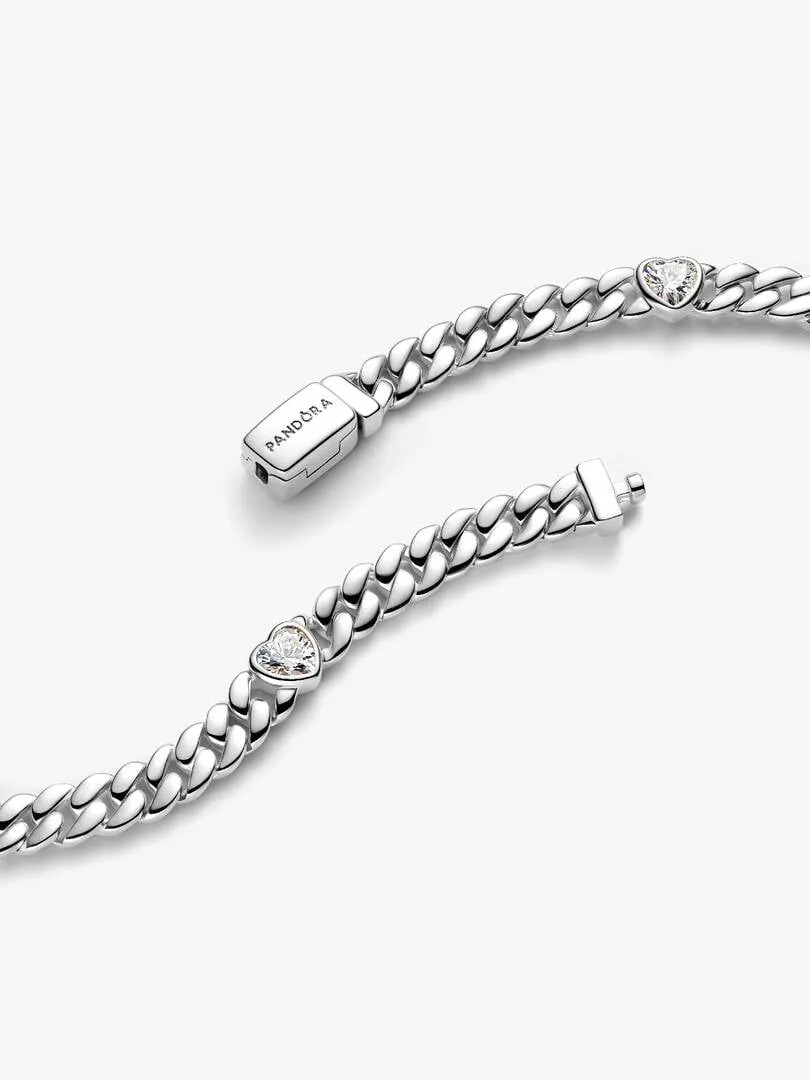 Heart cuban chain sterling silver bracelet with clear cubic zirconia/594226C01-18