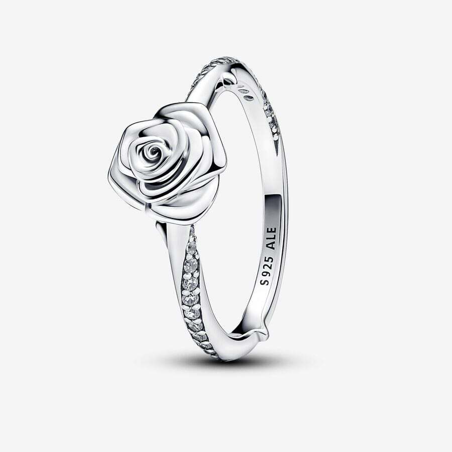Rose sterling silver ring with clear cubic zirconi
