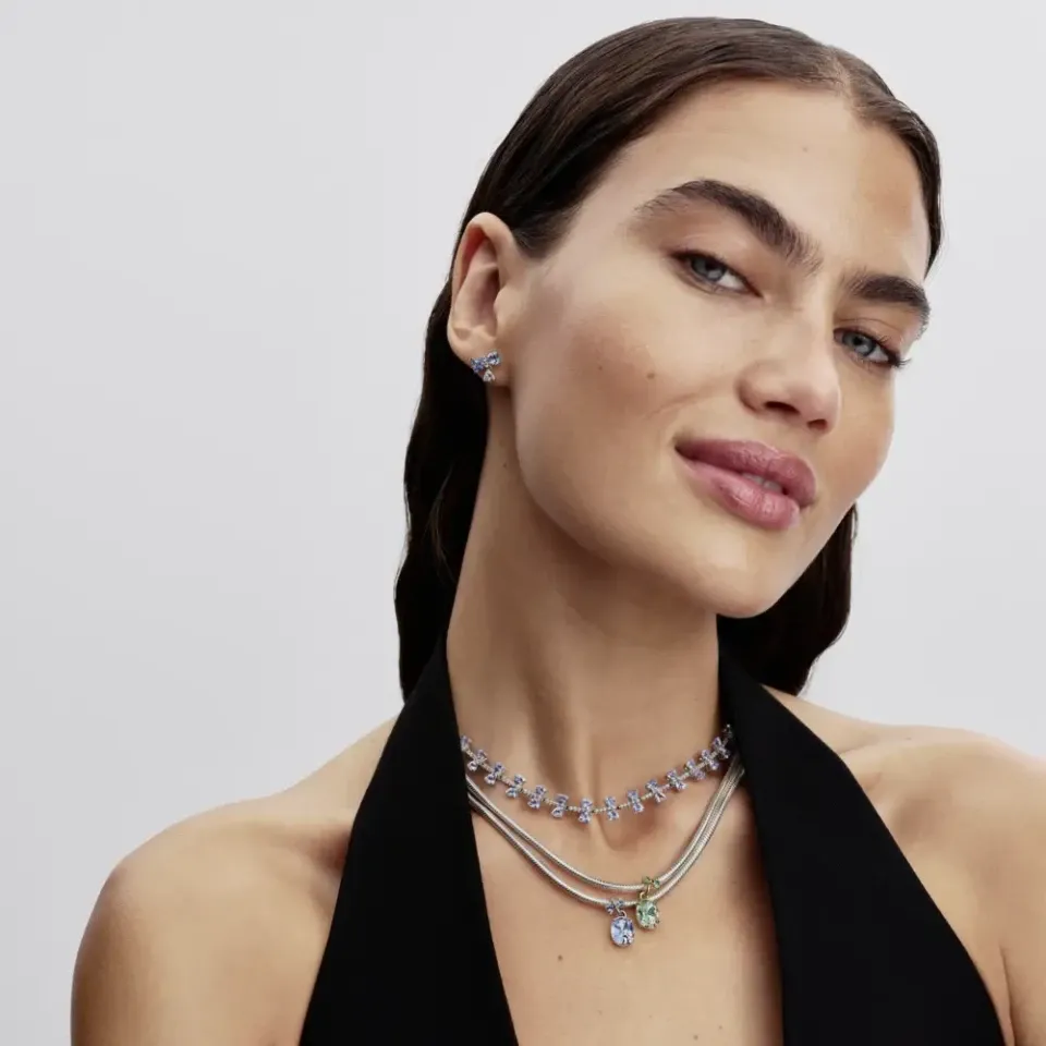 Bow sterling silver necklace with dream blue crystal and clear cubic zirconia/ 394398C01-45