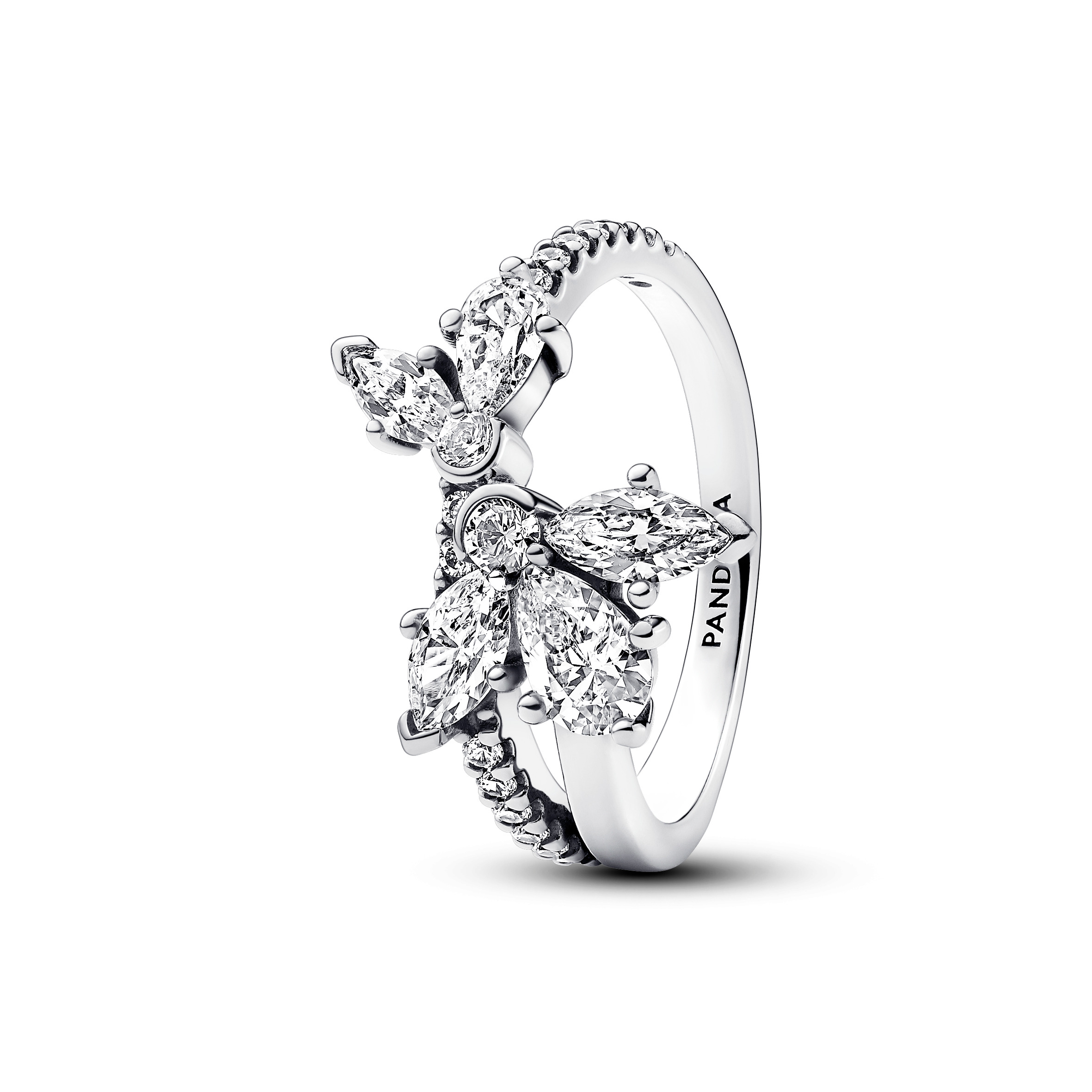 Herbarium cluster sterling silver ring with clear cubic zirconia