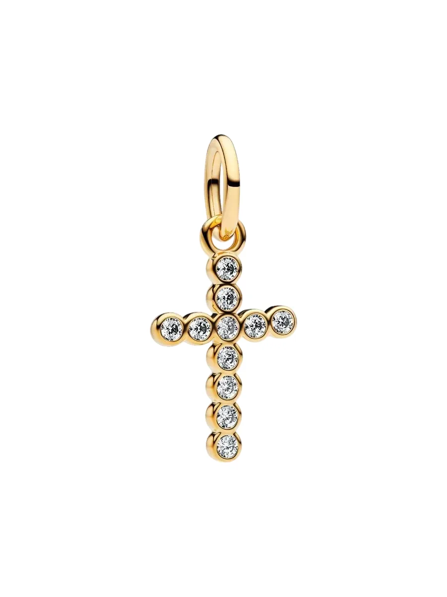Cross 14k gold-plated dangle with clear cubic zirc