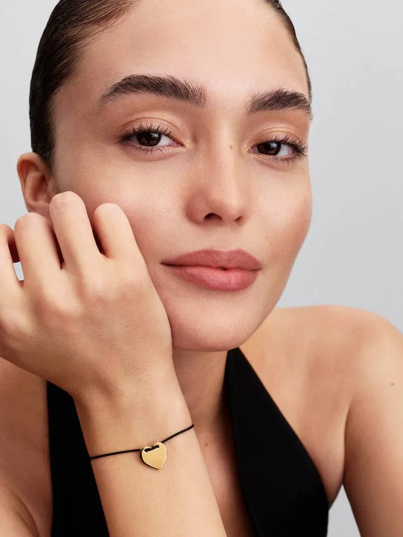 Engravable heart 14k gold-plated sliding bracelet with black nylon/ 564420C01-2
