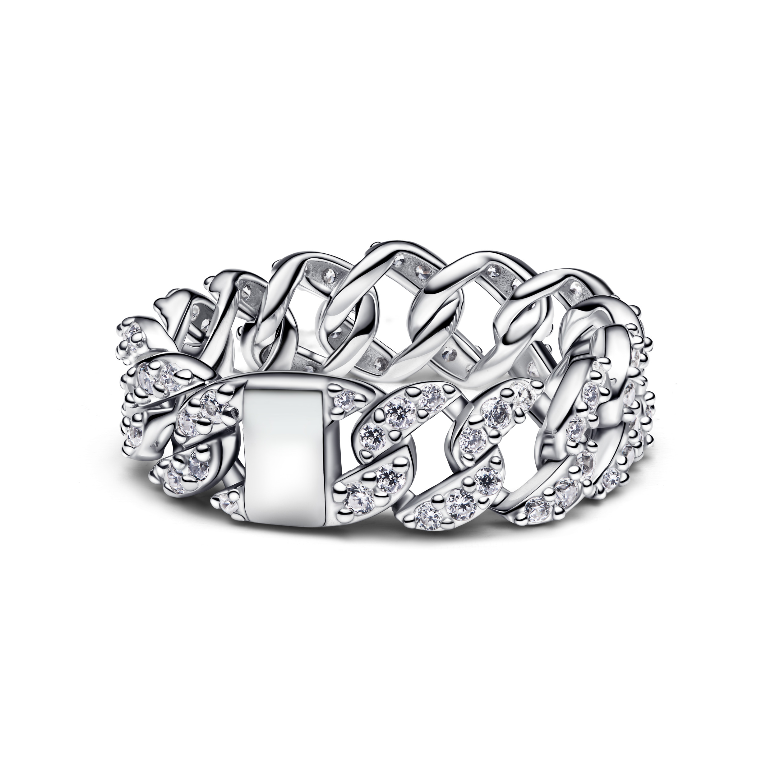 Cuban chain sterling silver ring with clear cubic zirconia/ 193557C01-56