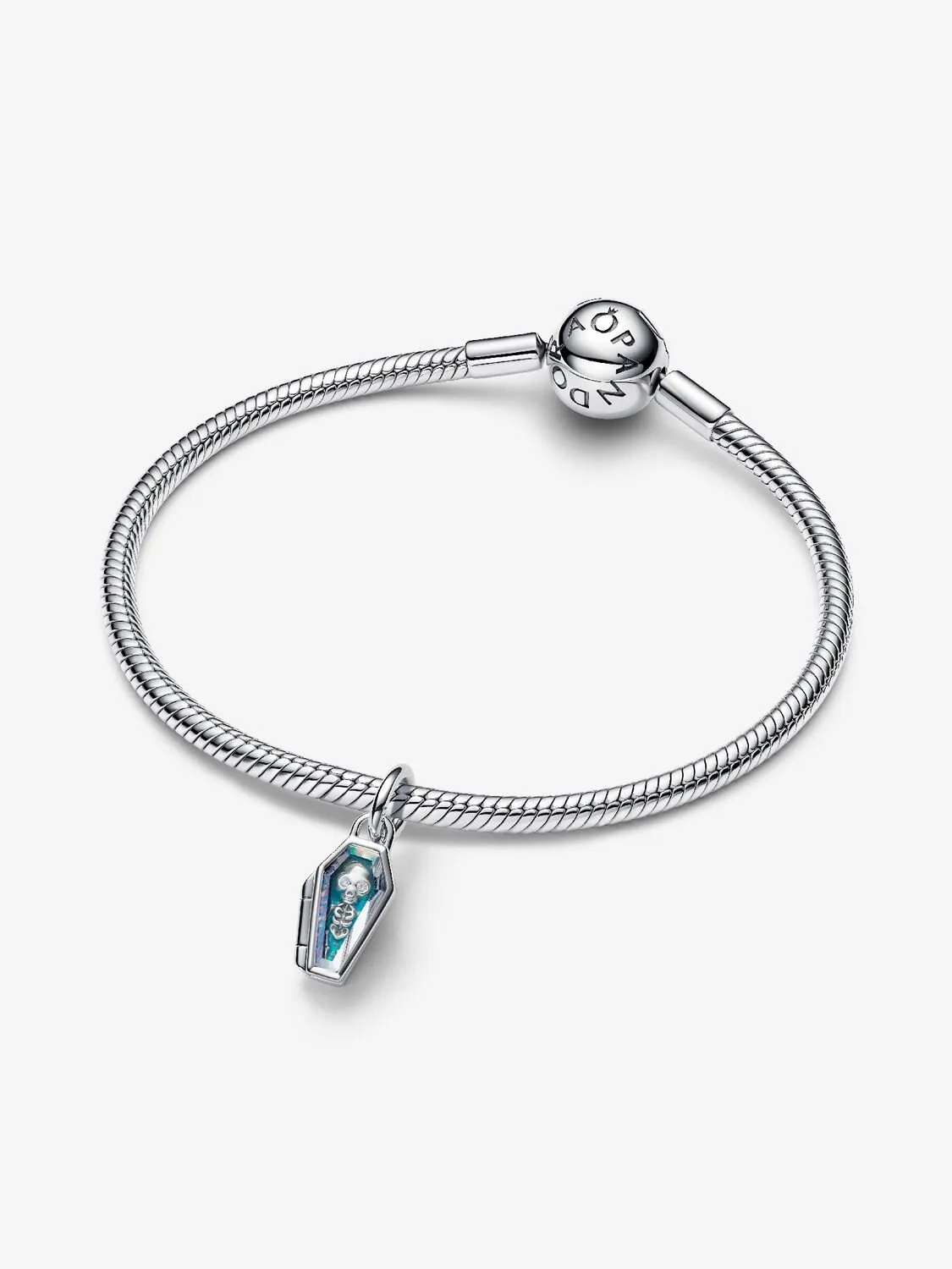 Openable coffin sterling silver dangle with clear cubic zirconia and glittery teal glow in the dark enamel / 794058C01