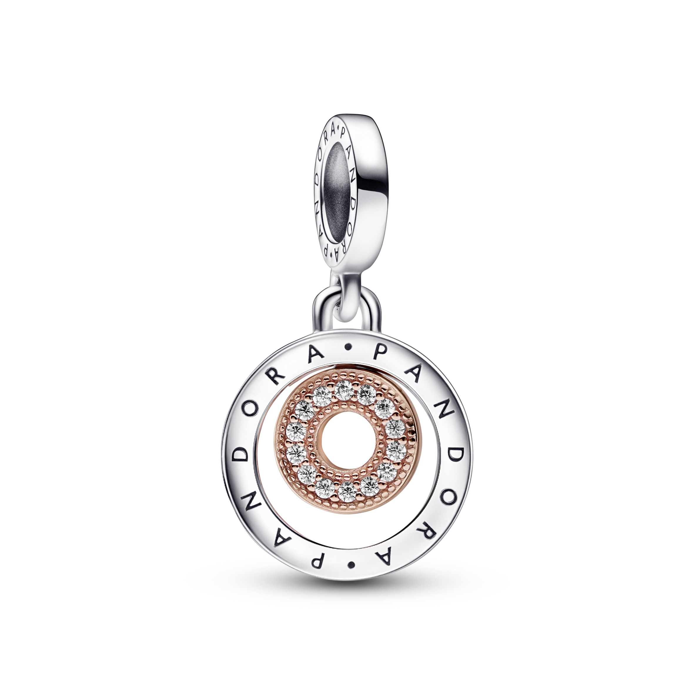 Pandora logo sterling siler and 14k rose gold-plated dangle with clear cubic zirconia