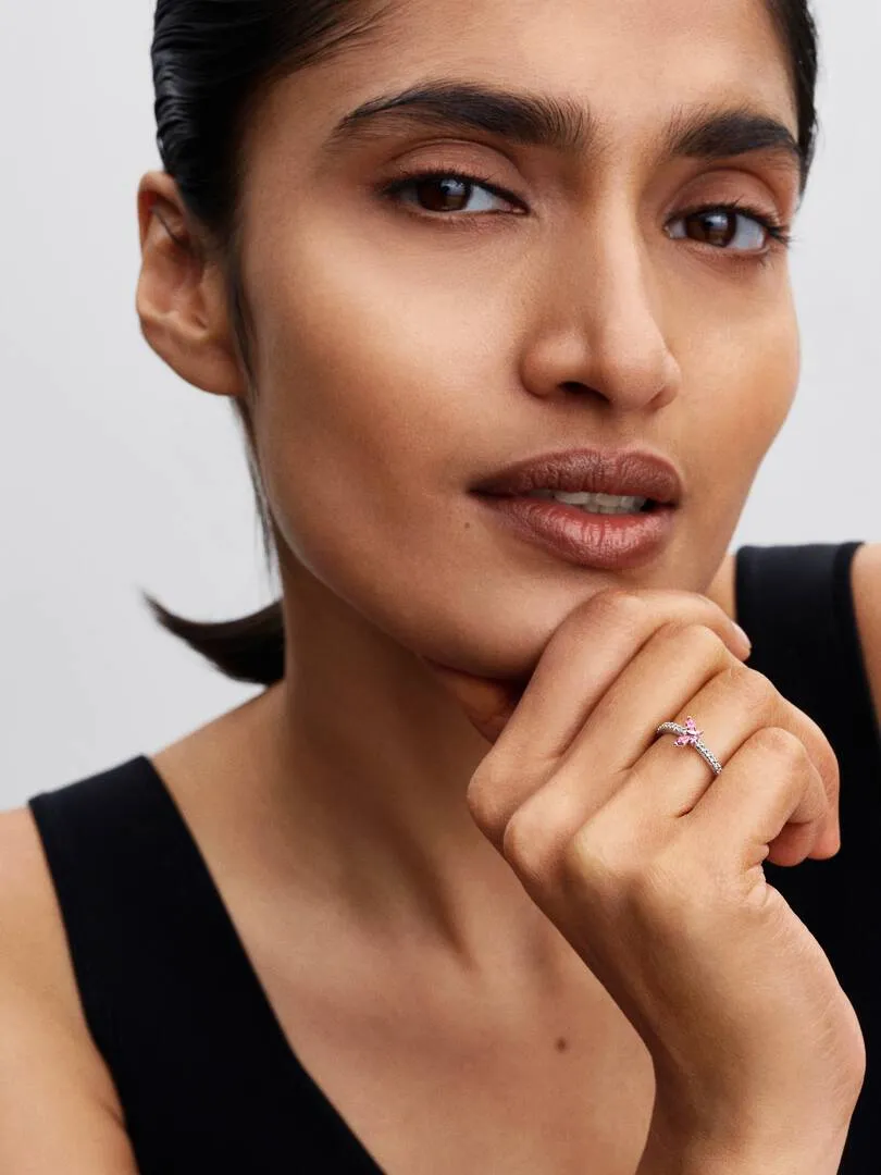 Butterfly sterling silver ring with fancy pink and clear cubic zirconia/194269C02-58