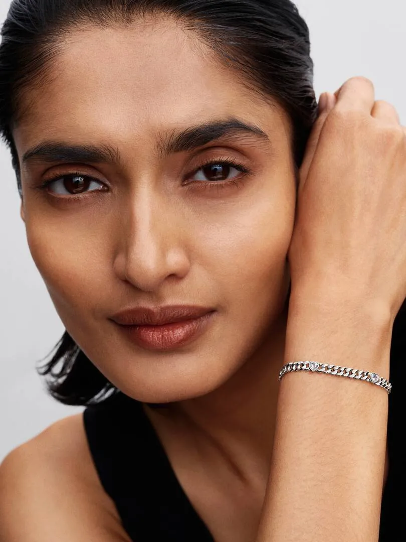 Heart cuban chain sterling silver bracelet with clear cubic zirconia/594226C01-18