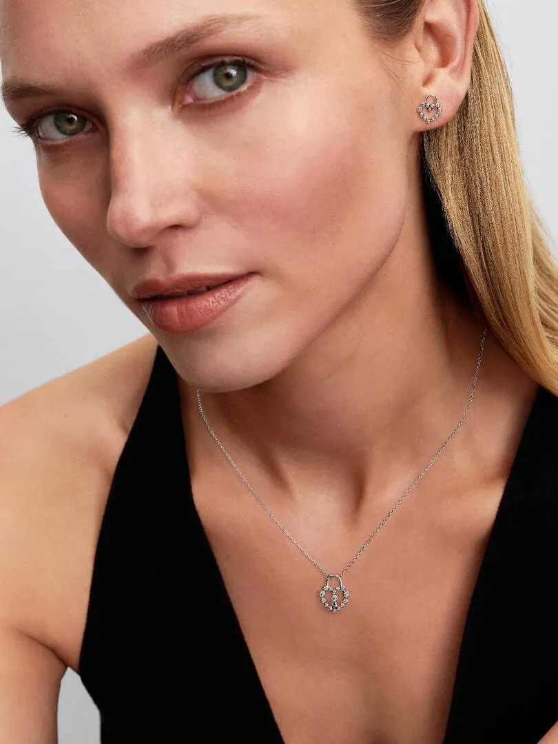 Heart padlock sterling silver pendant necklace with clear cubic zirconia/ 394416C01-50