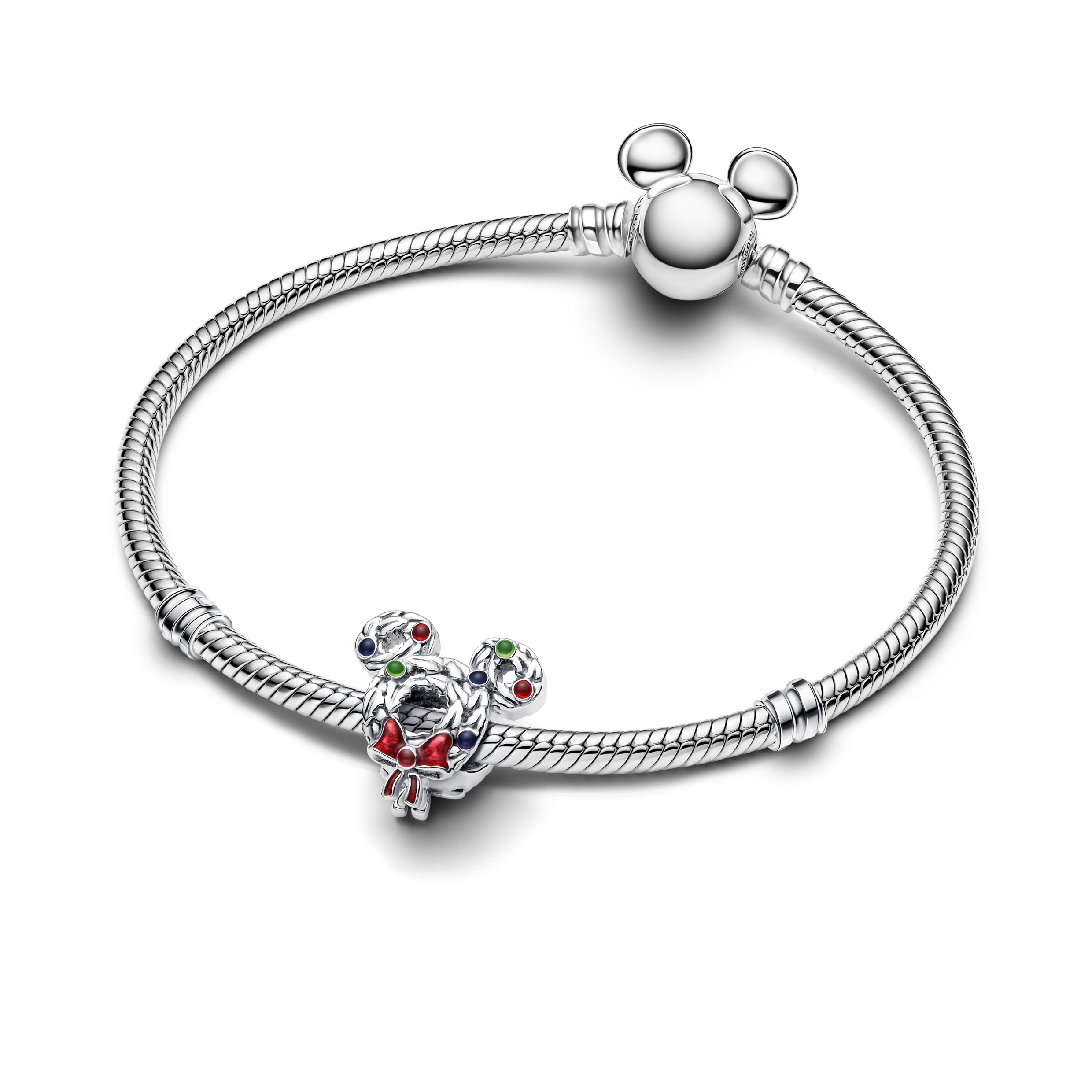 Disney Mickey Mouse wreath sterling silver charm with transparent blue, red and green enamel/ 793531C01