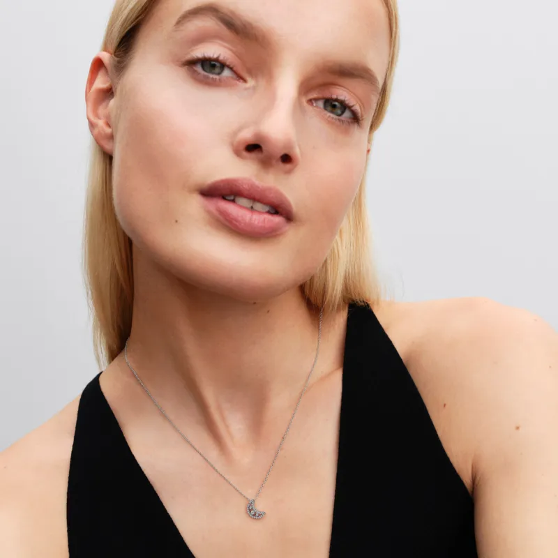 Moon sterling silver pendant necklace with clear cubic zirconia/394259C01-50