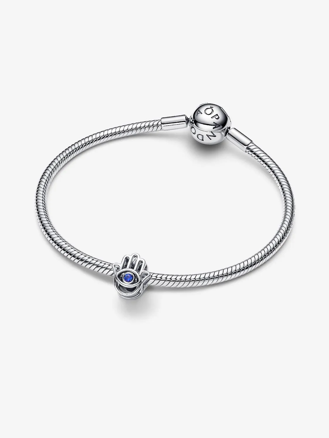 Hamsa hand sterling silver charm with stellar blue crystal / 794062C01