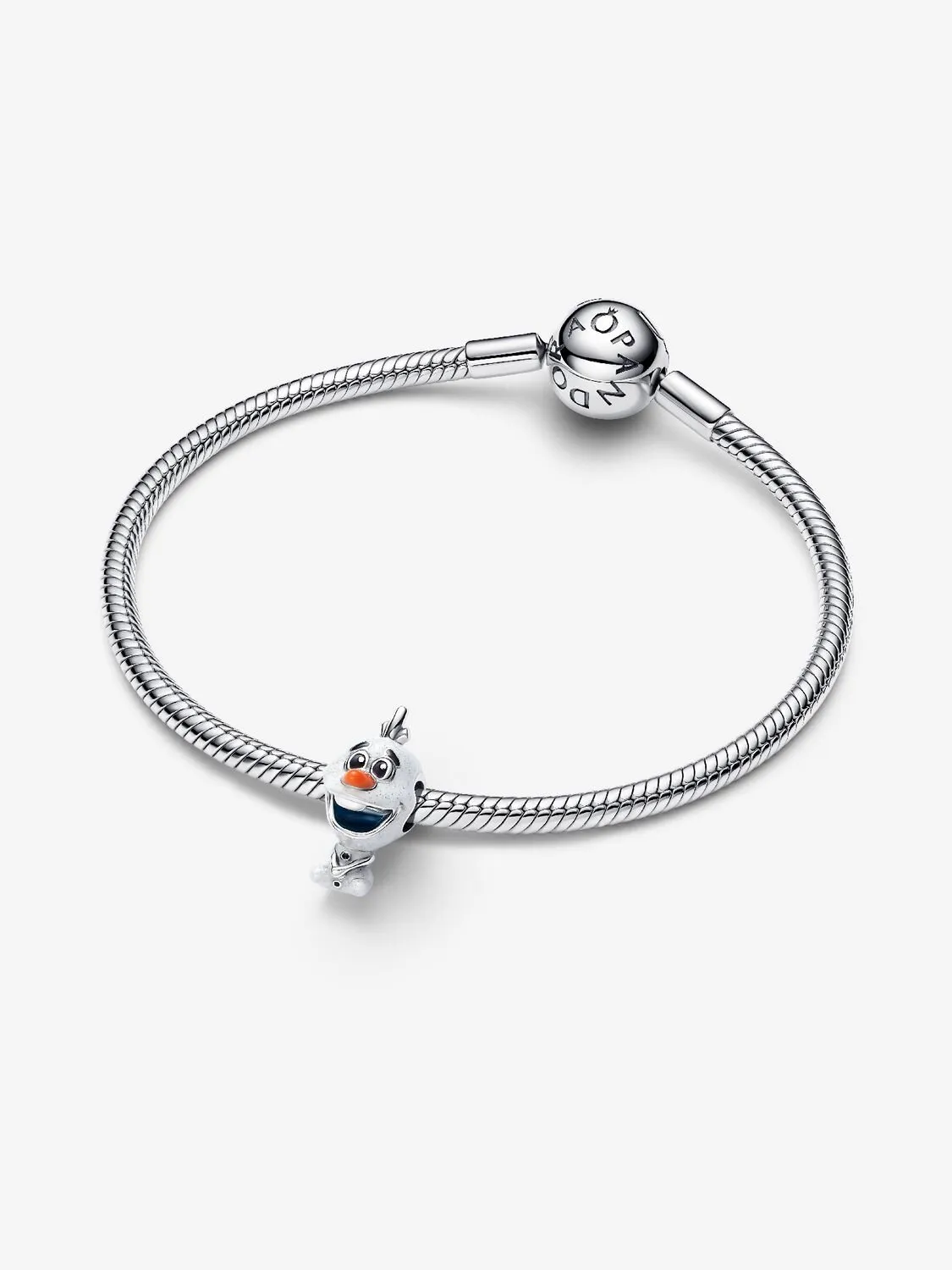 Disney Olaf sterling silver charm with orange, black and glittery white enamel and blue UV resin / 793978C01