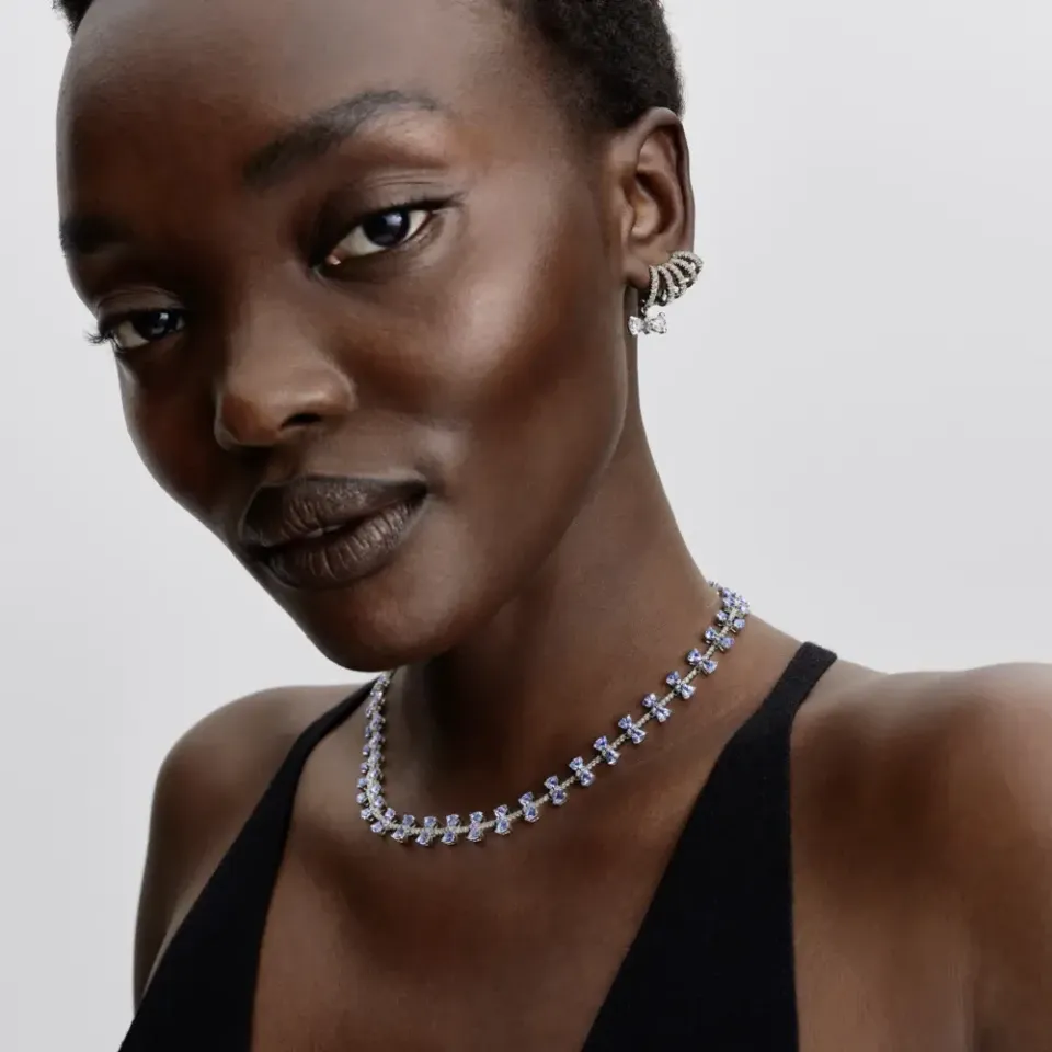 Bow sterling silver necklace with dream blue crystal and clear cubic zirconia/ 394398C01-45