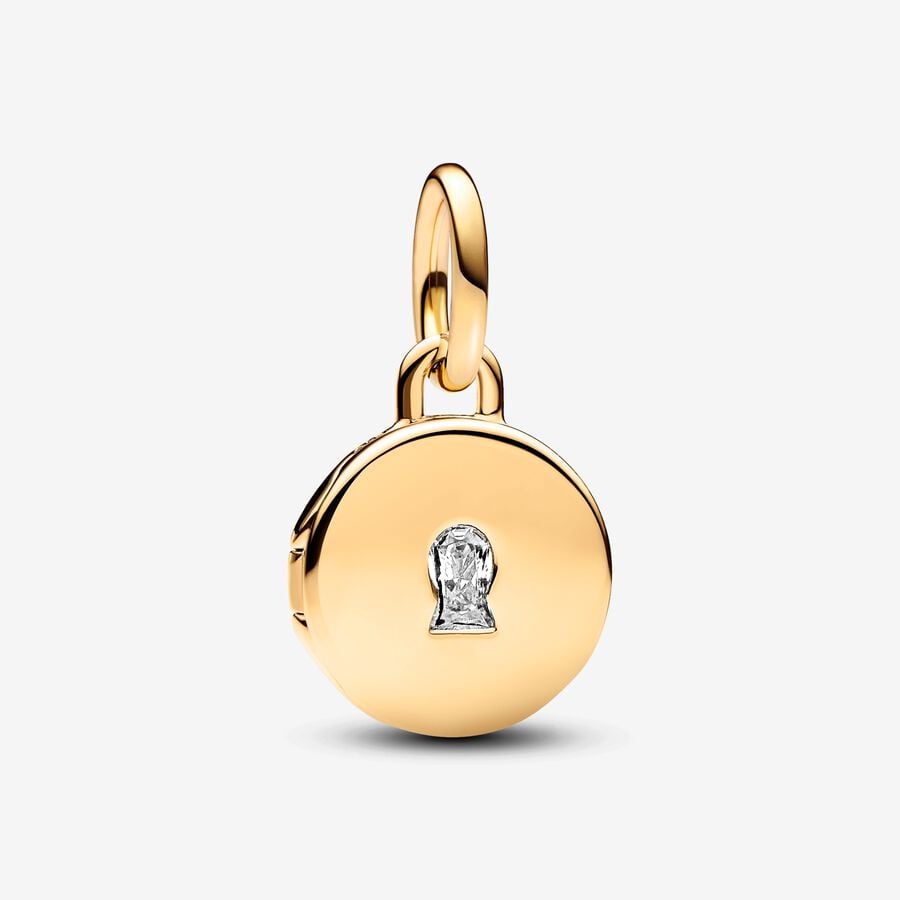 Key hole engravable locket 14k gold-plated dangle with clear cubic zirconia