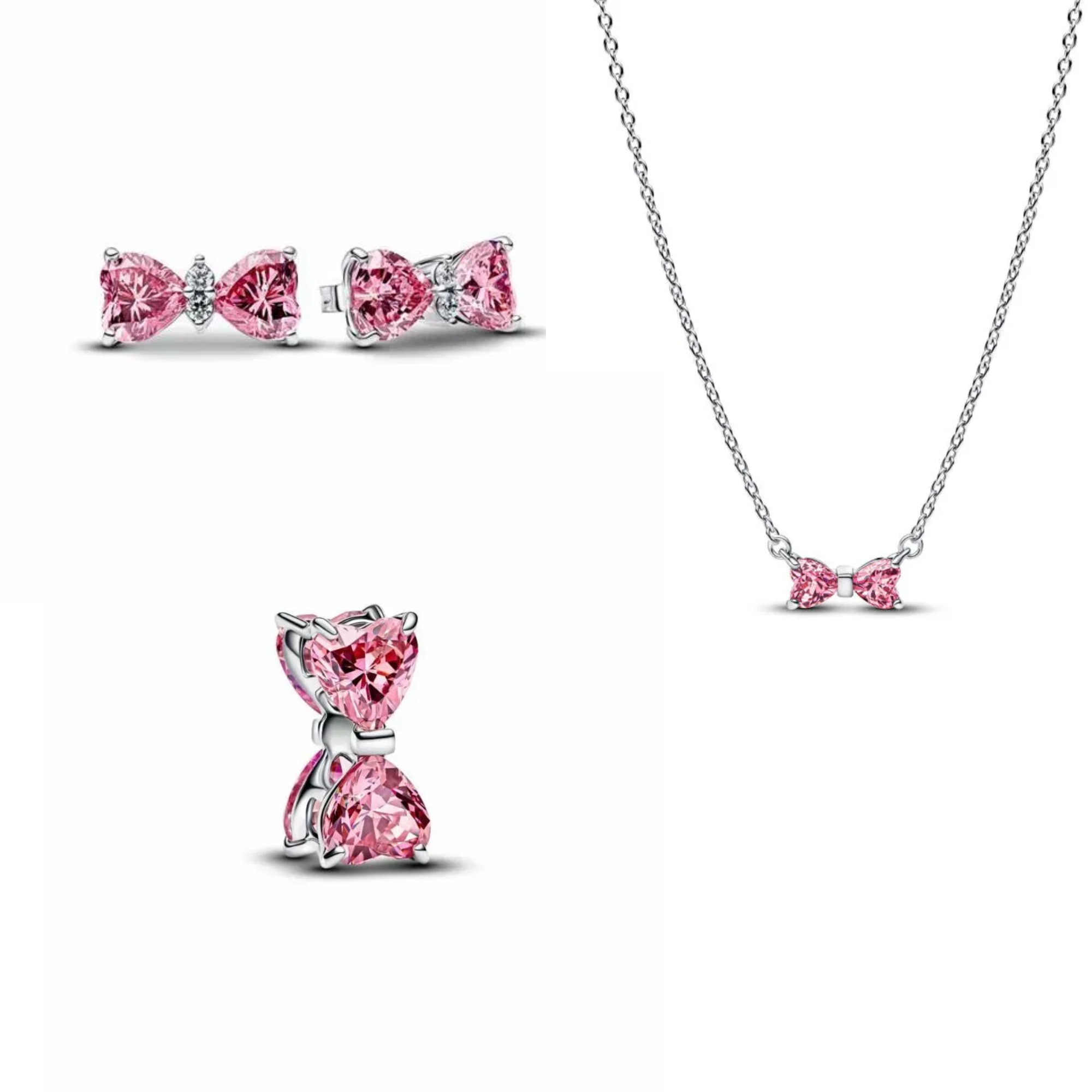 Bow sterling silver with fancy pink and clear cubic zirconia set
