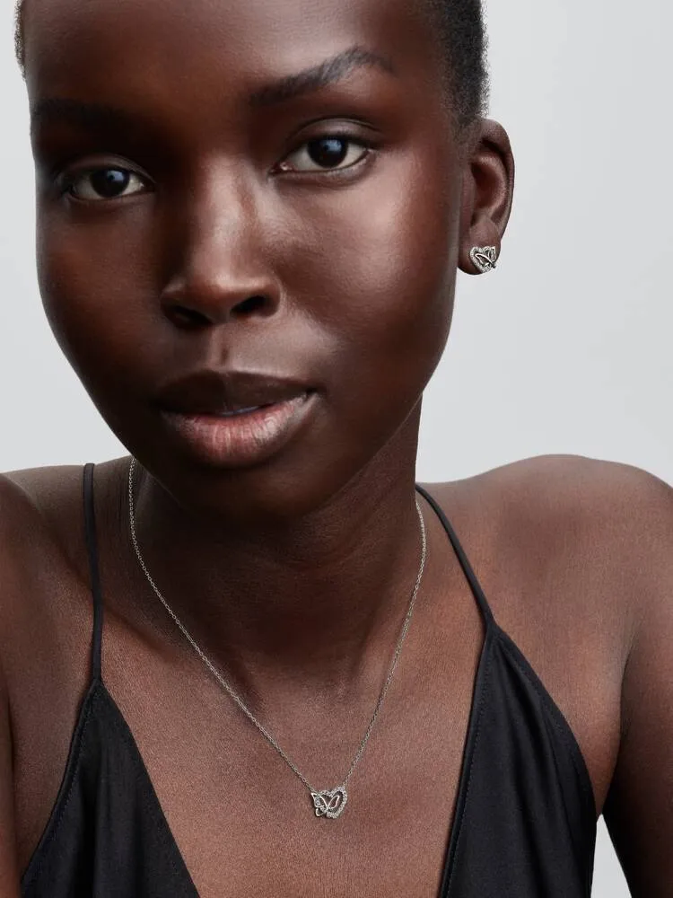 Heart and butterfly sterling silver stud earrings with clear cubic zirconia/ 294476C01