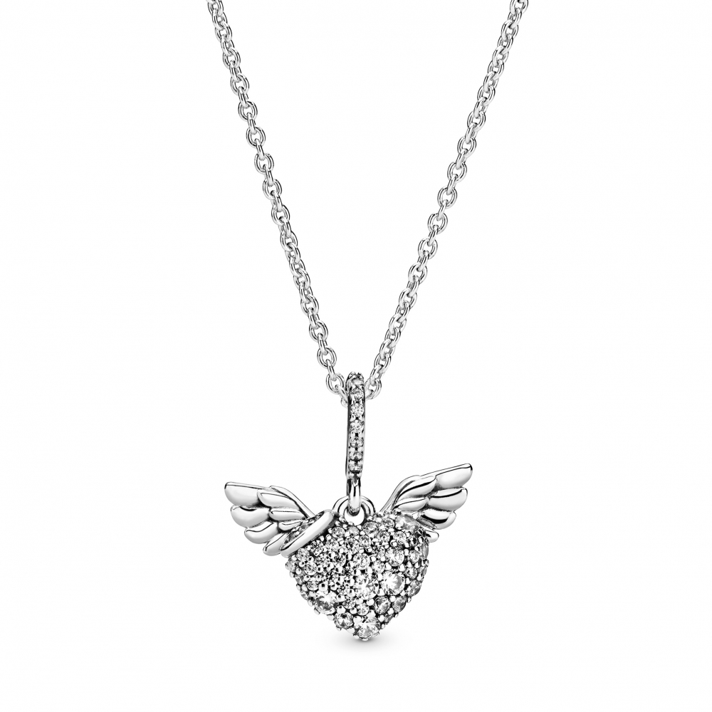 Heart and wings sterling silver pendant with clear