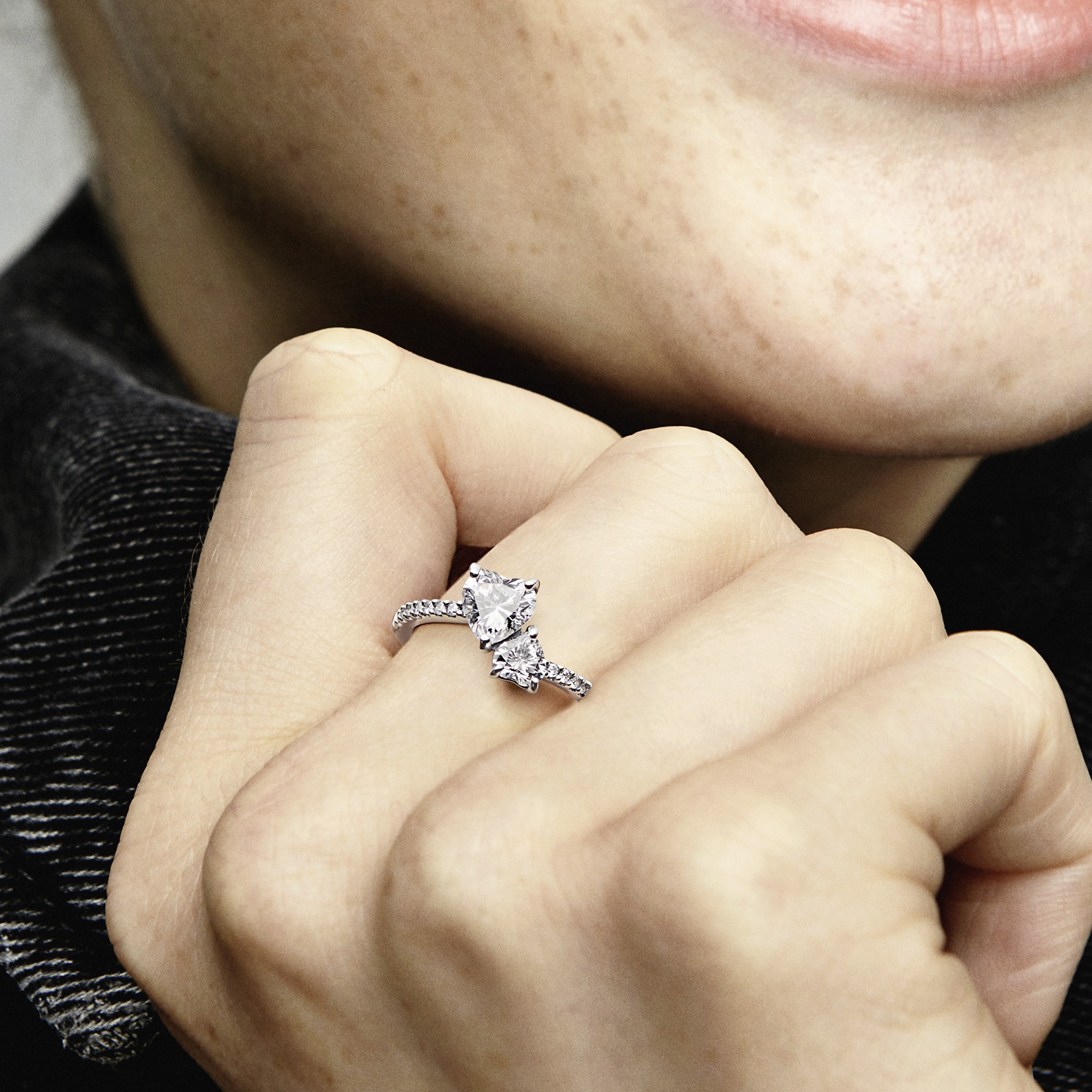 Double heart sterling silver ring with clear cubic zirconia