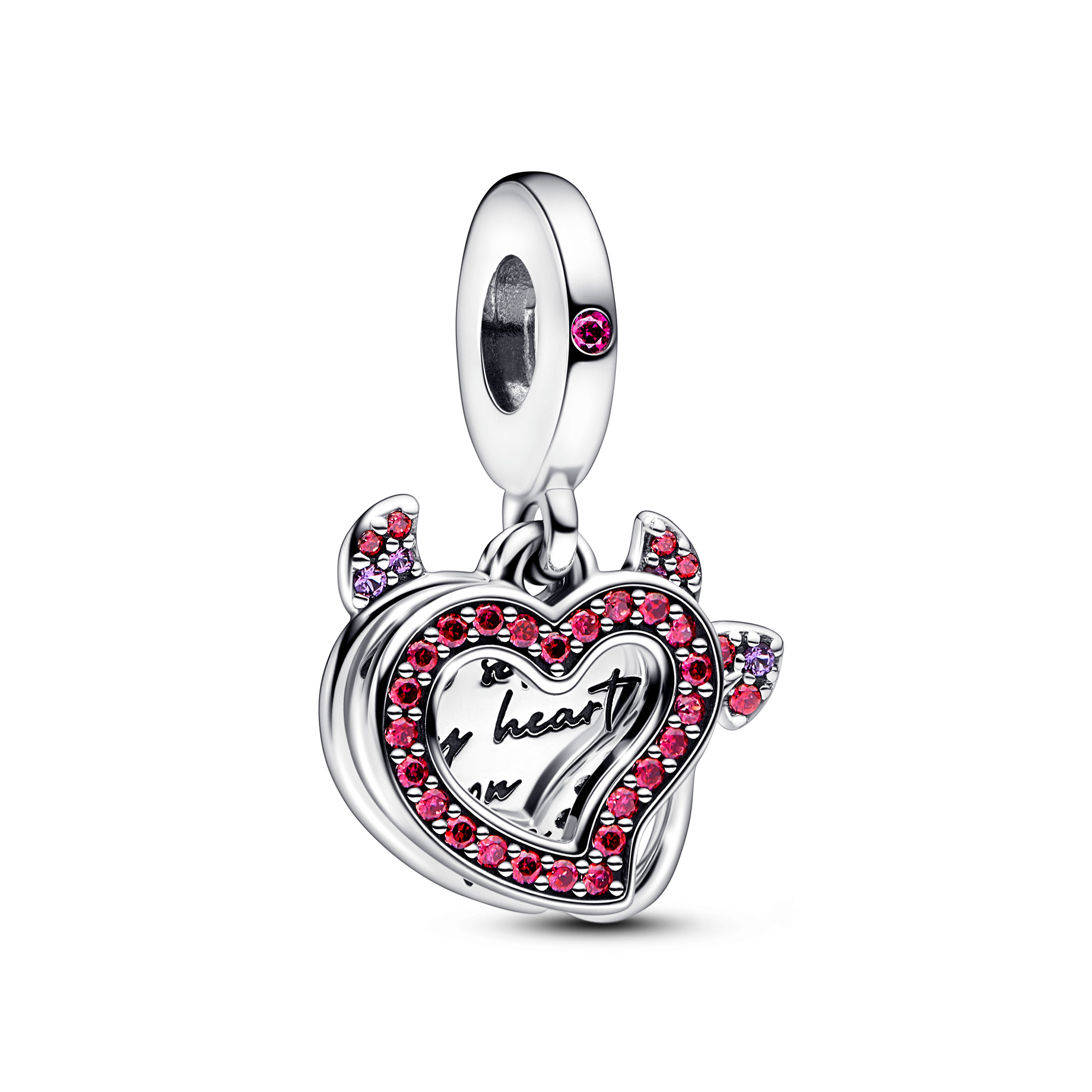 Devil heart sterling silver dangle with red cubic zirconia and royal purple crystal