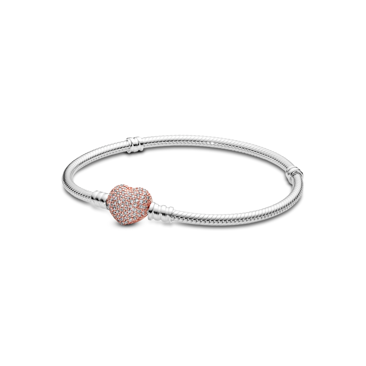 Snake chain silver bracelet with 14k rose gold-plated heart clasp and clear cubic zirconia/ 586292CZ-18