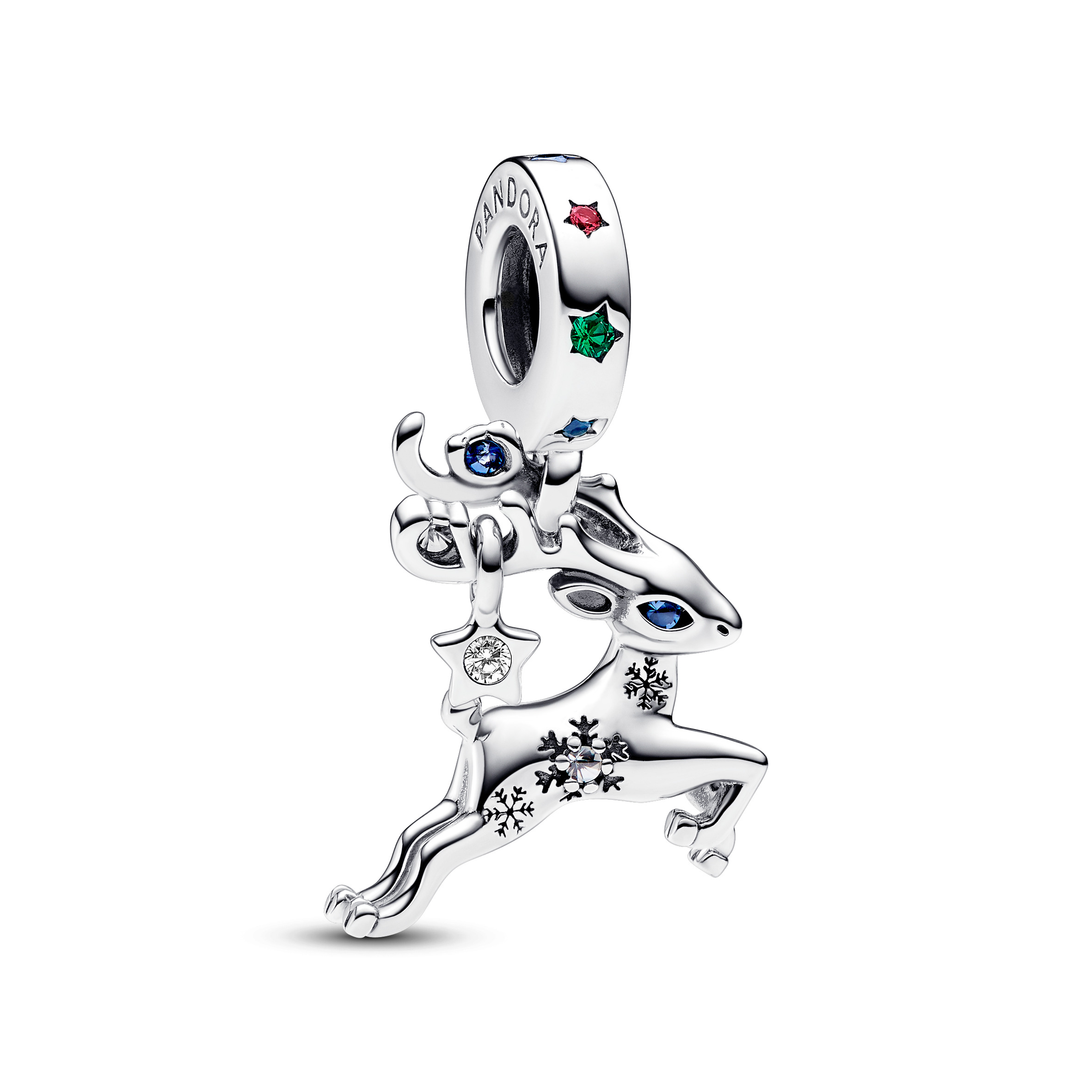 Magic reindeer sterling silver dangle with stellar blue and royal green crystal, red and clear cubic