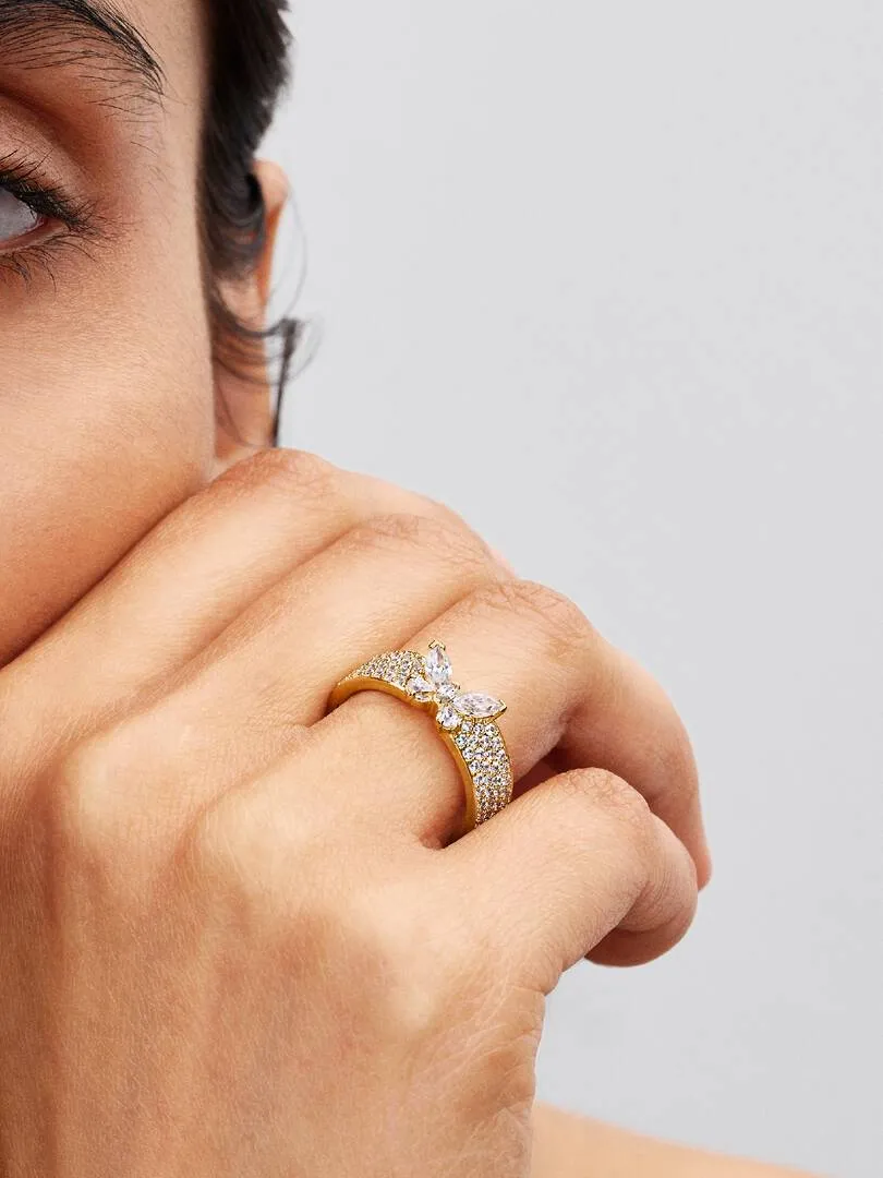 Butterfly 14k gold-plated ring with clear cubic zi