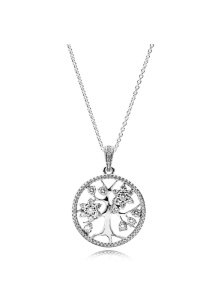 Tree of life silver pendant with clear cubic zirco