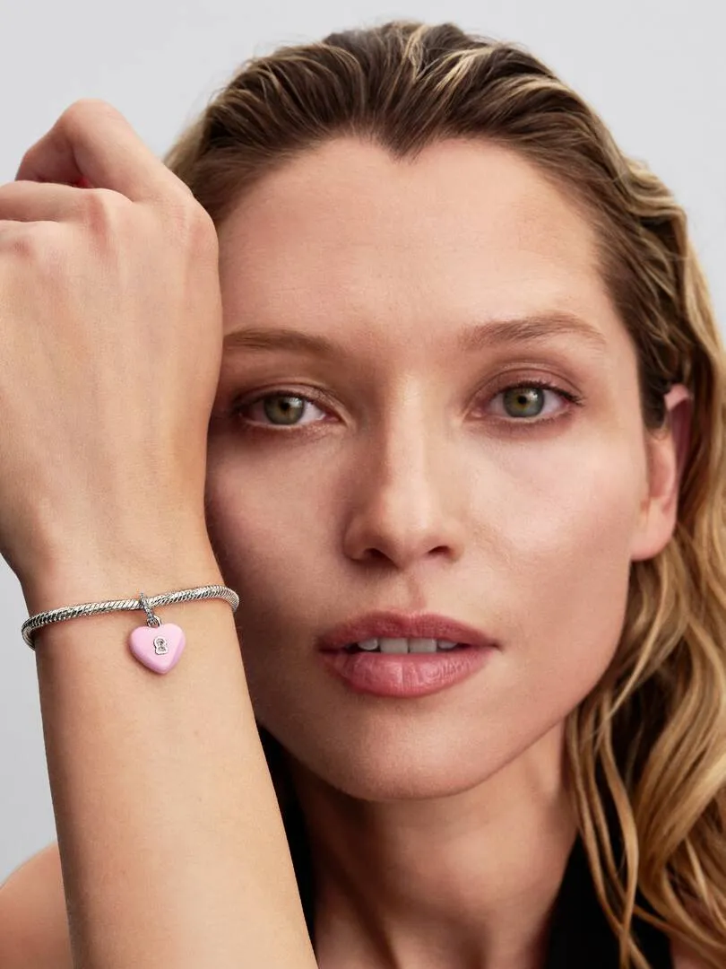 Heart padlock sterling silver dangle with pink ceramic and clear cubic zirconia/ 794424C01