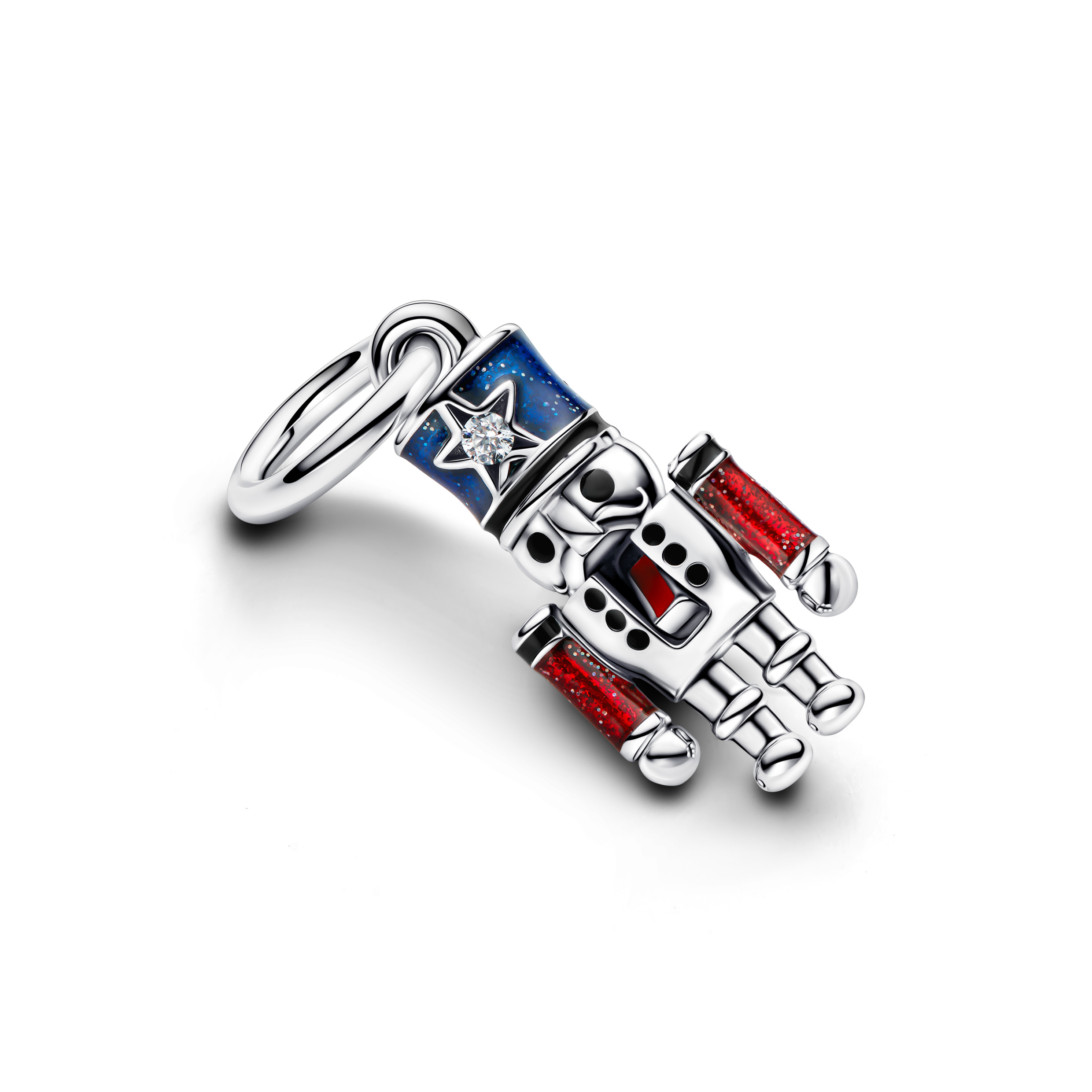 Moveable nutcracker sterling silver dangle with clear cubic zirconia, glittery blue, red and black enamel/ 793583C01