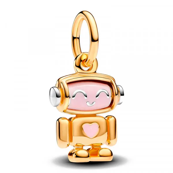 Robot sterling silver and 14k gold-plated dangle with shimmering pink enamel