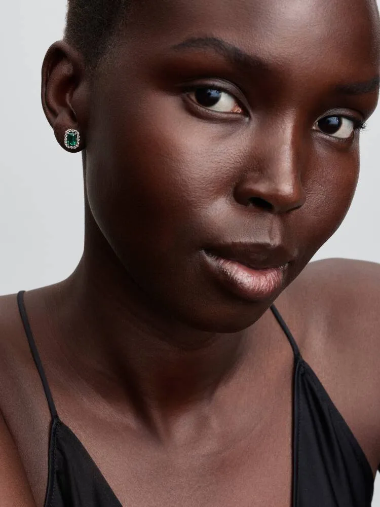 Sterling silver stud earrings with royal green crystal and clear cubic zirconia / 294501C01