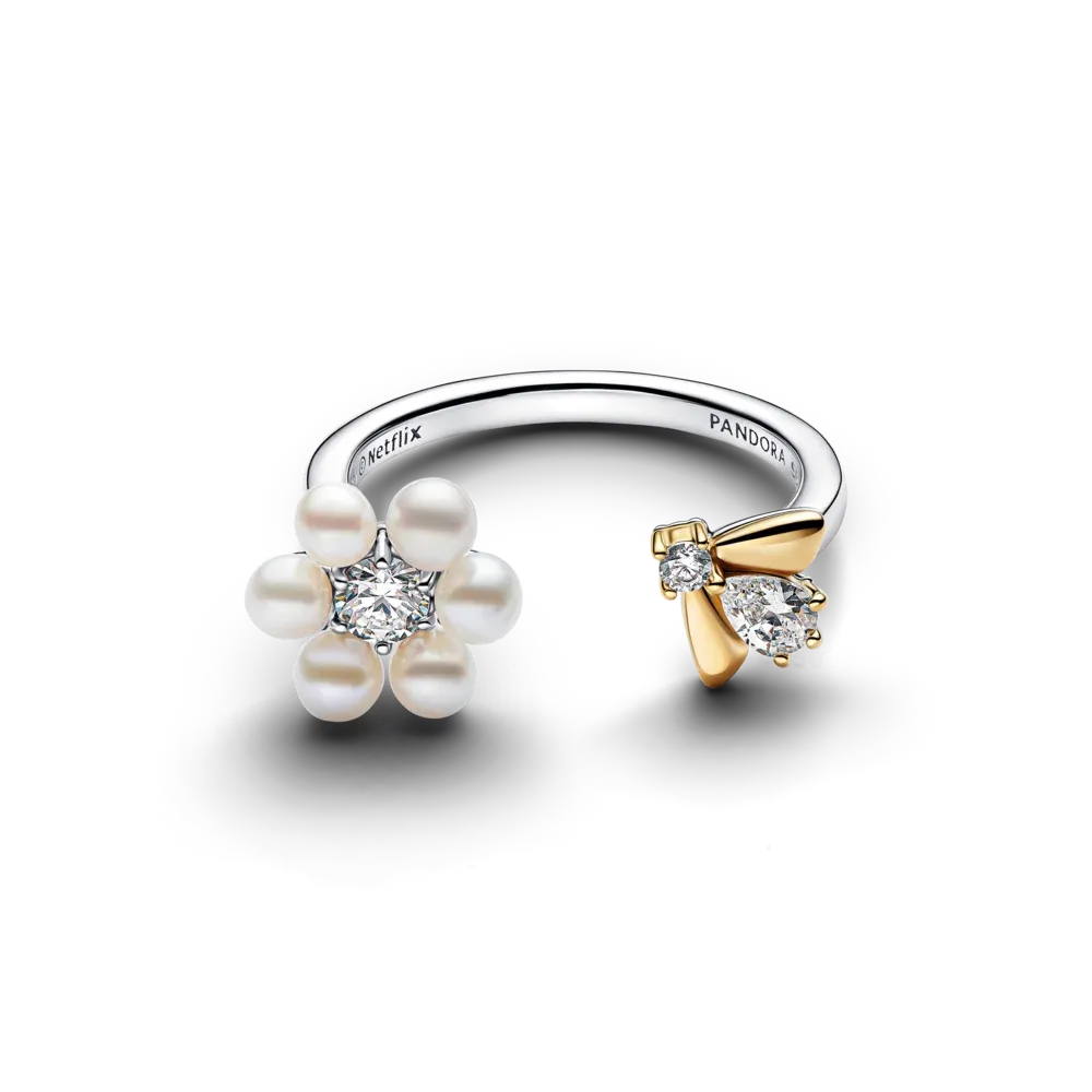 Flower and bee sterling silver and 14k gold-plated open ring with treated white freshwater cultured pearl and clear cubic zirconia/ 164399C01-56