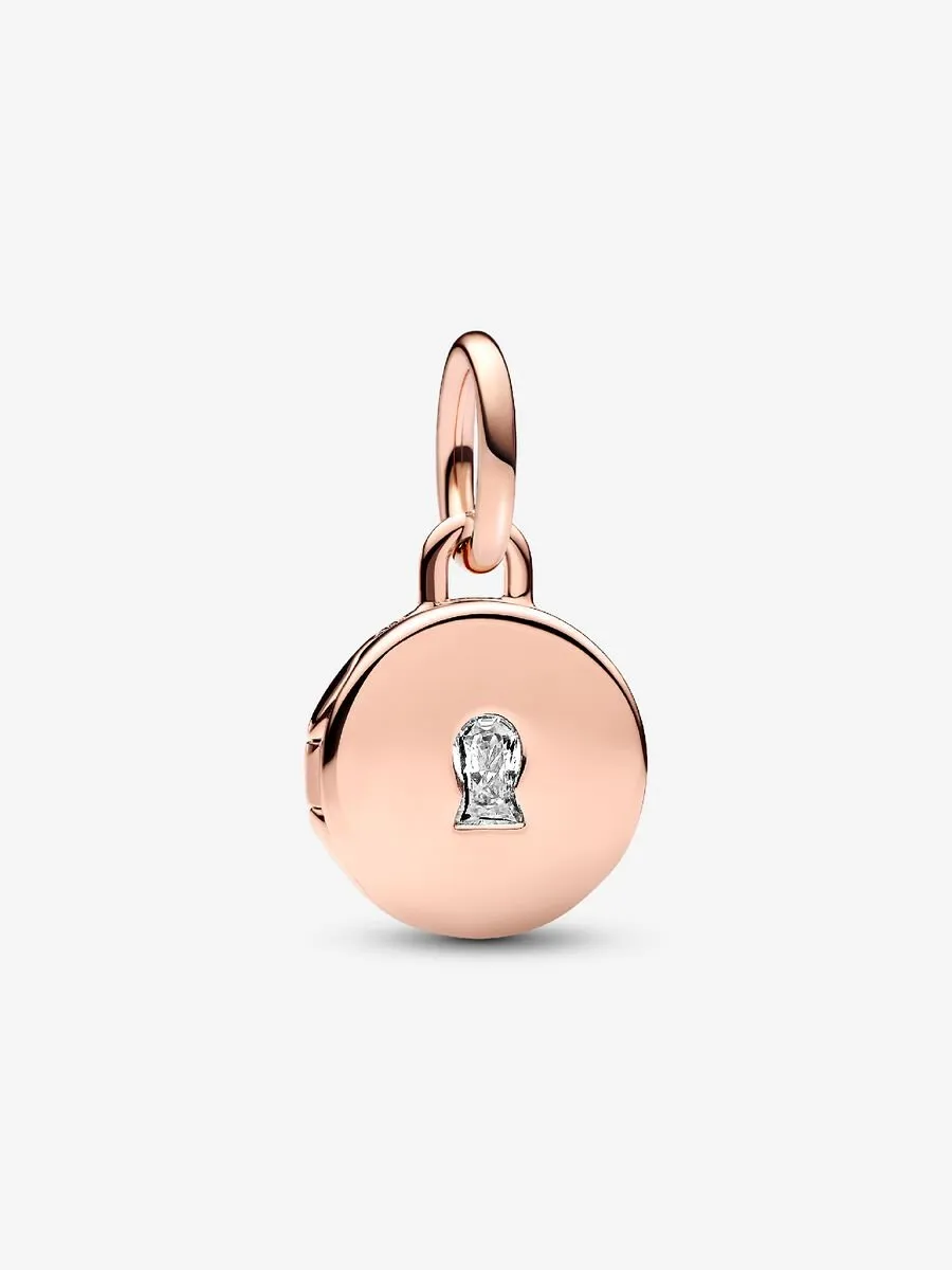 Key hole engravable locket 14k rose gold-plated dangle with clear cubic zirconia