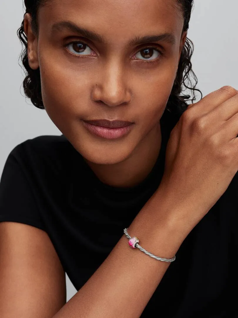 Tulip sterling silver and 14k gold-plated charm with royal green crystal and shaded pink enamel/ 764352C01