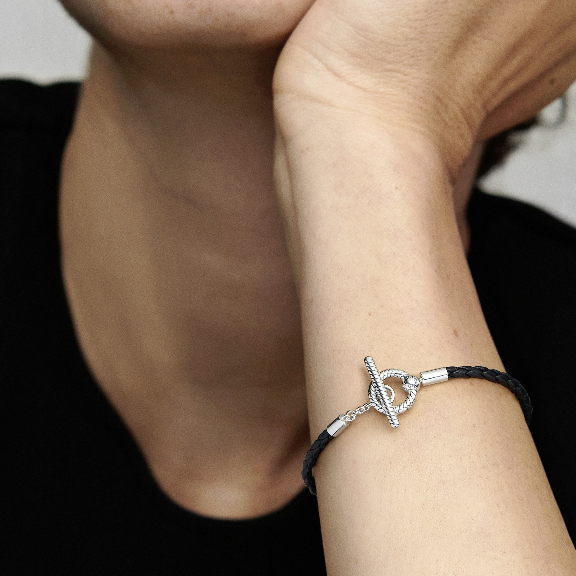 Sterling silver toggle bracelet with black leather
