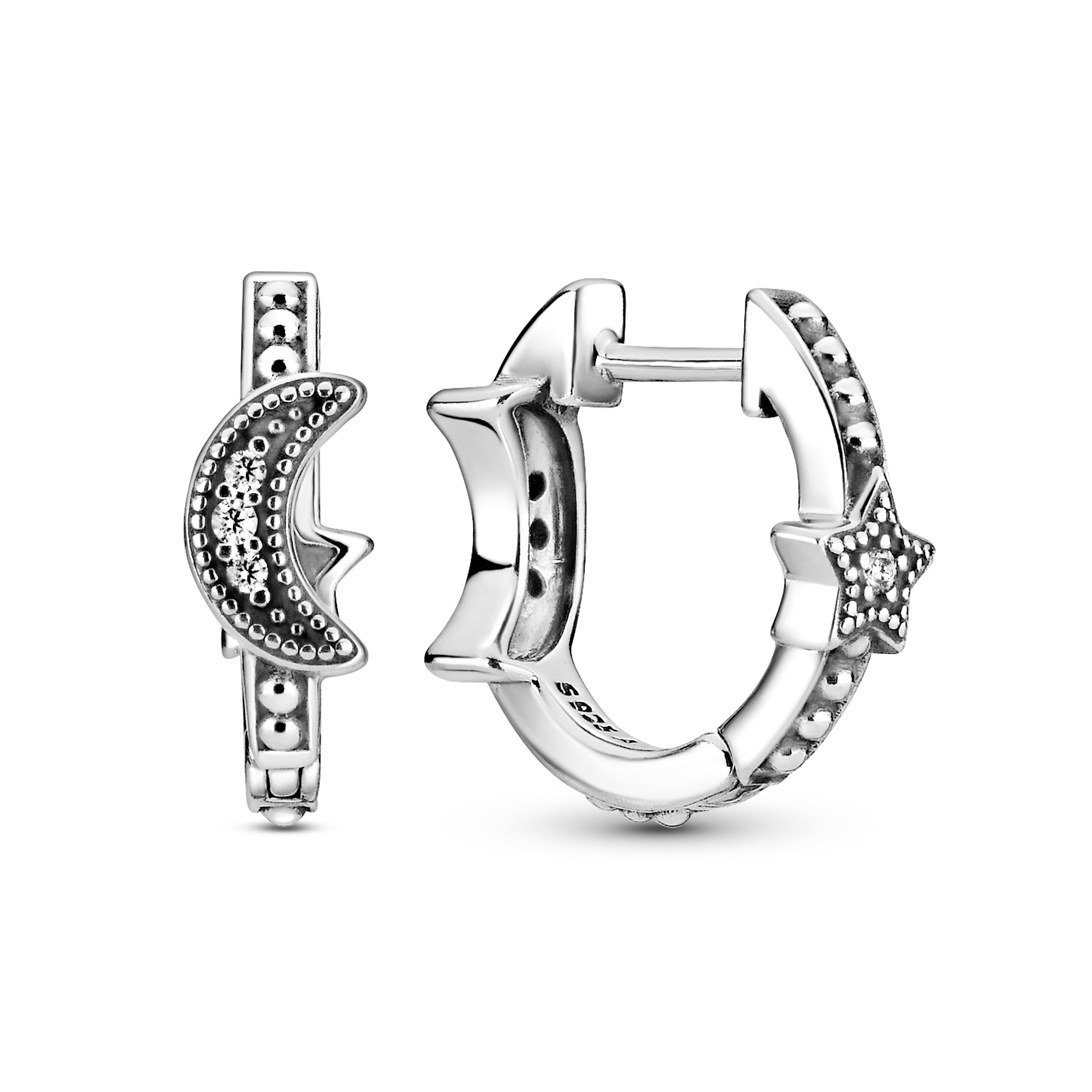 Crescent moon and star sterling silver hoopearrings with clearcubic zirconia /299152C01