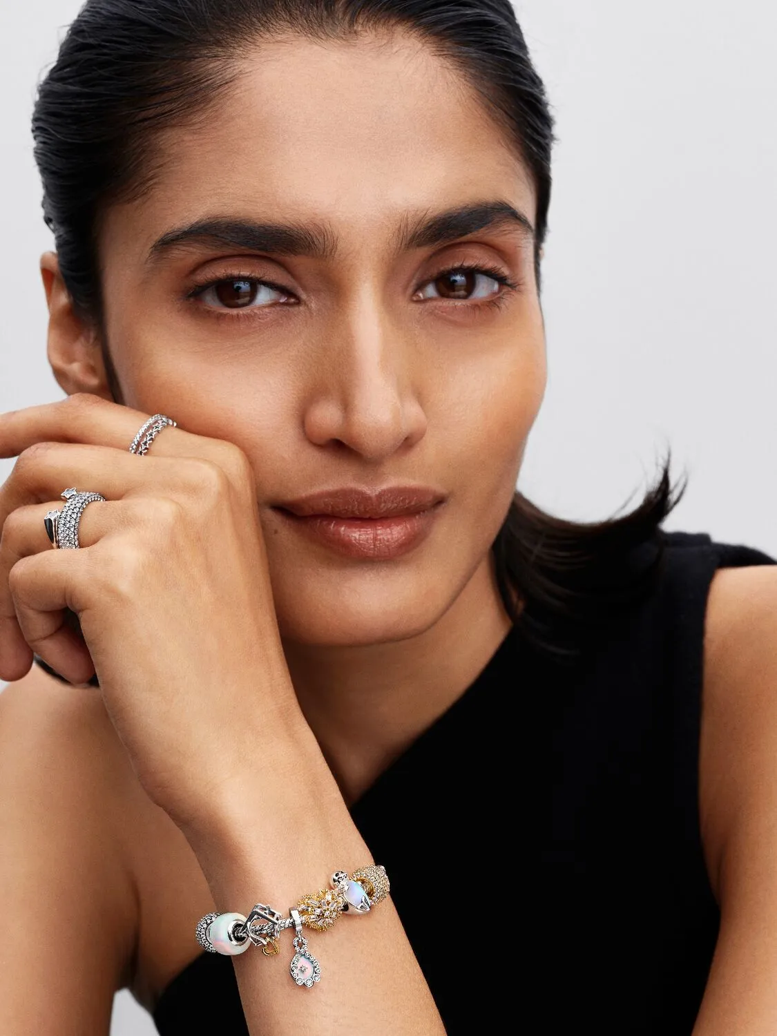 Infinity sterling silver double dangle with clear cubic zirconia and aurora lab-grown opal resin/794251C01