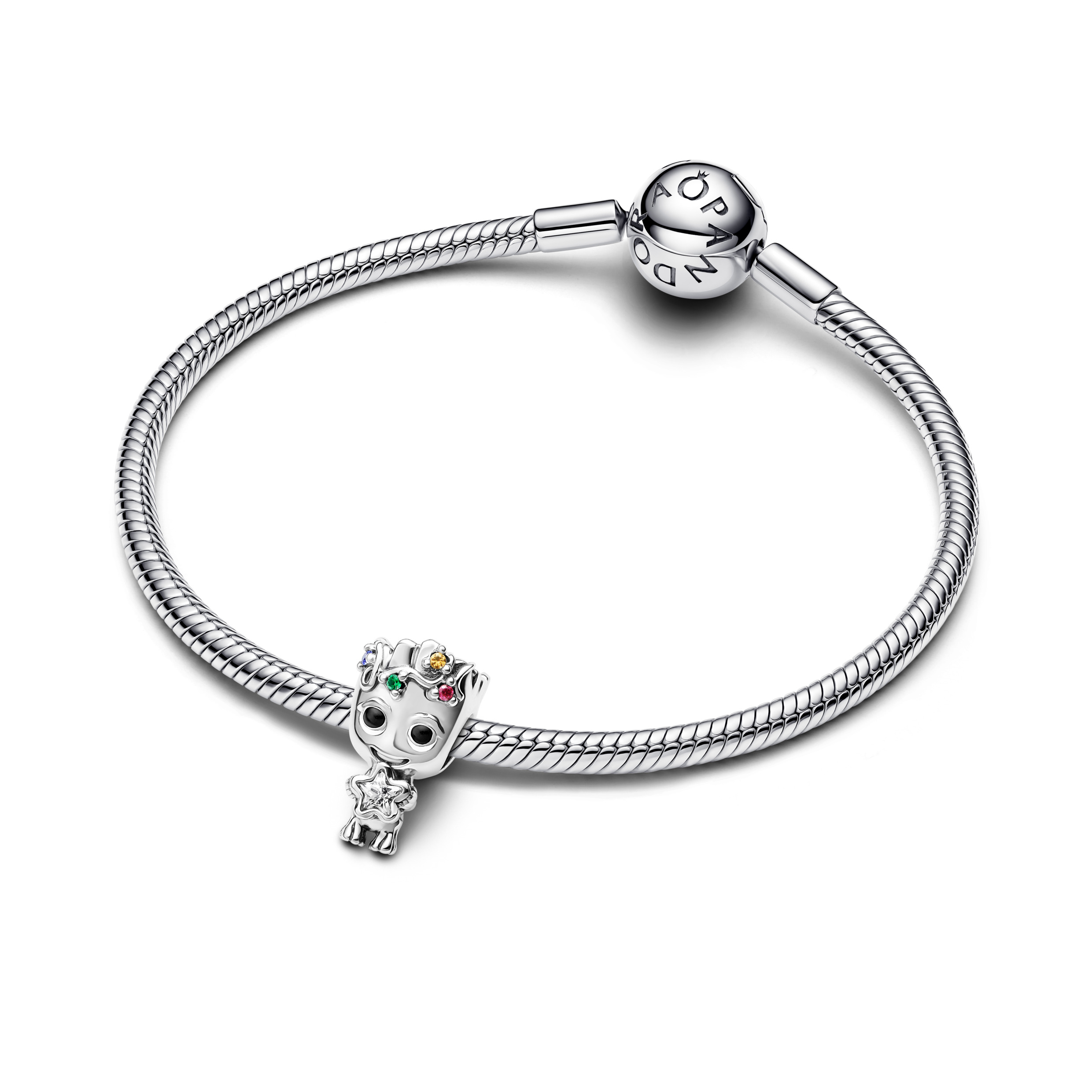 Marvel Groot sterling silver charm with clear and red cubic zirconia, blue, green and yellow crystal and black enamel/ 793559C01